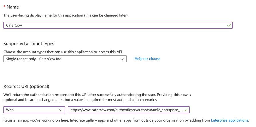 The app registration form with the Web redirect URI entered