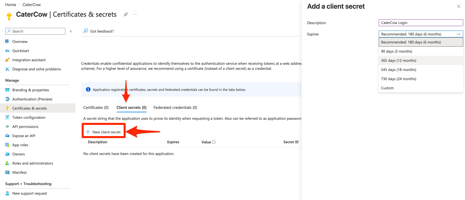 The New client secret form in Certificates & secrets