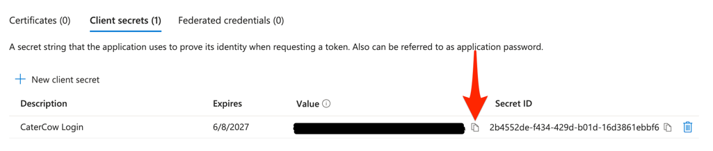Copying the client secret Value before leaving the page