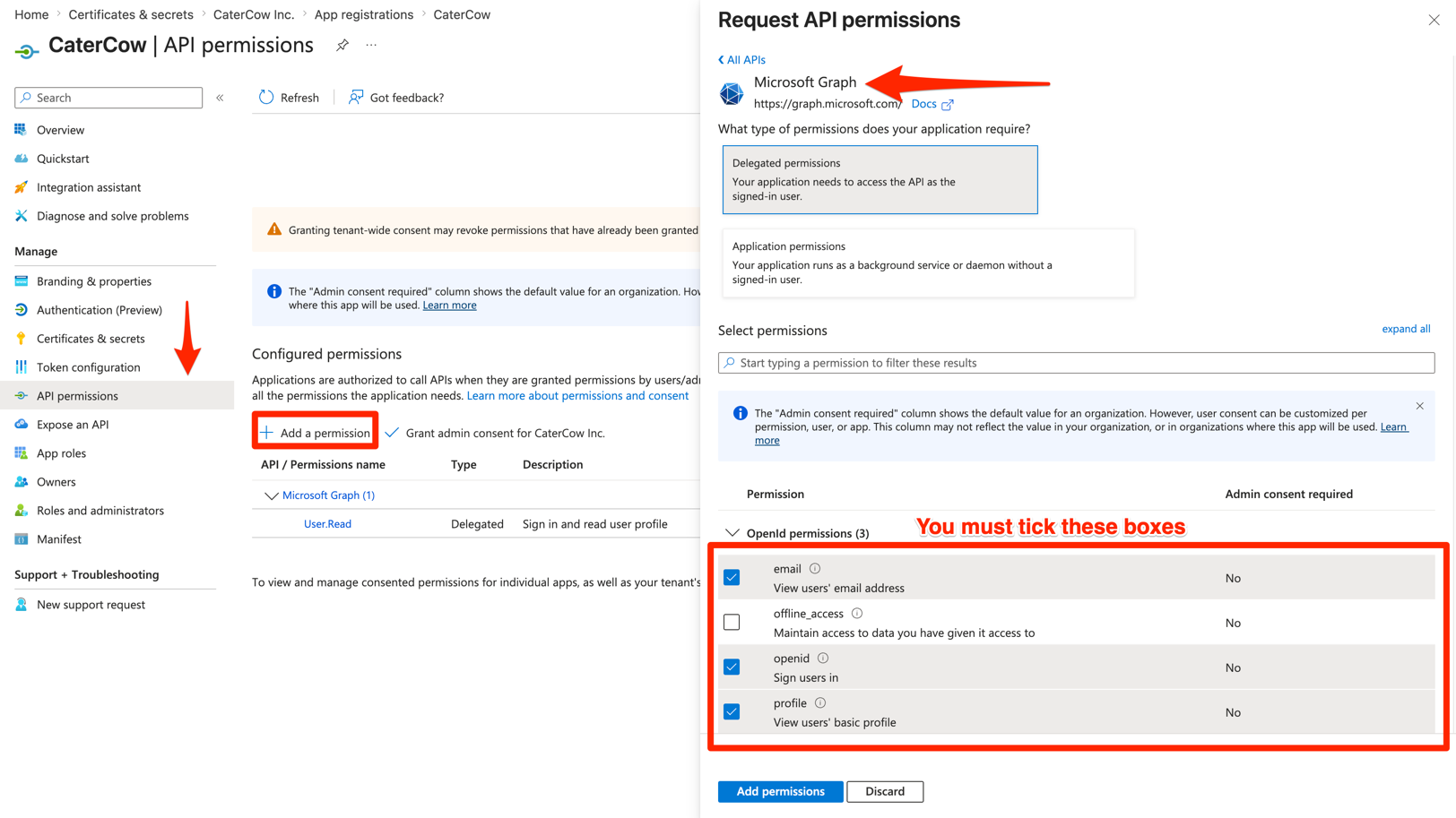 The API permissions page with openid, profile, and email delegated permissions added