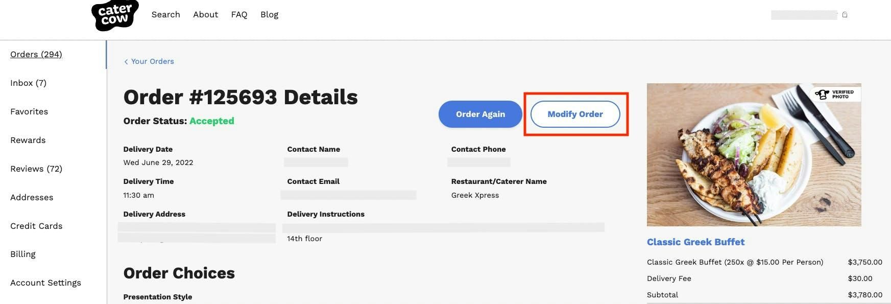 Location of 'Modify Order' button in the customer dashboard