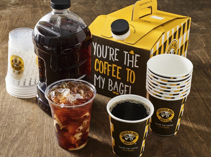 Einstein Bros. Bagels & Shmear Nosh Box with fresh-baked bagels and tubs of cream cheese for an office breakfast