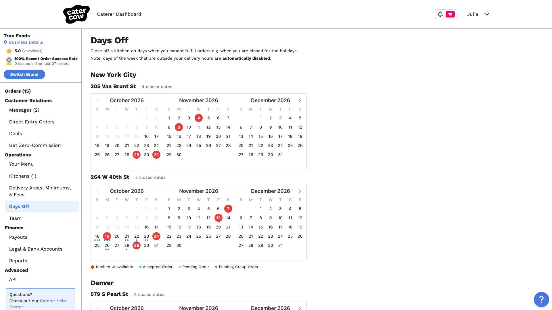 The Days Off page with a calendar for each kitchen and closed dates circled in red