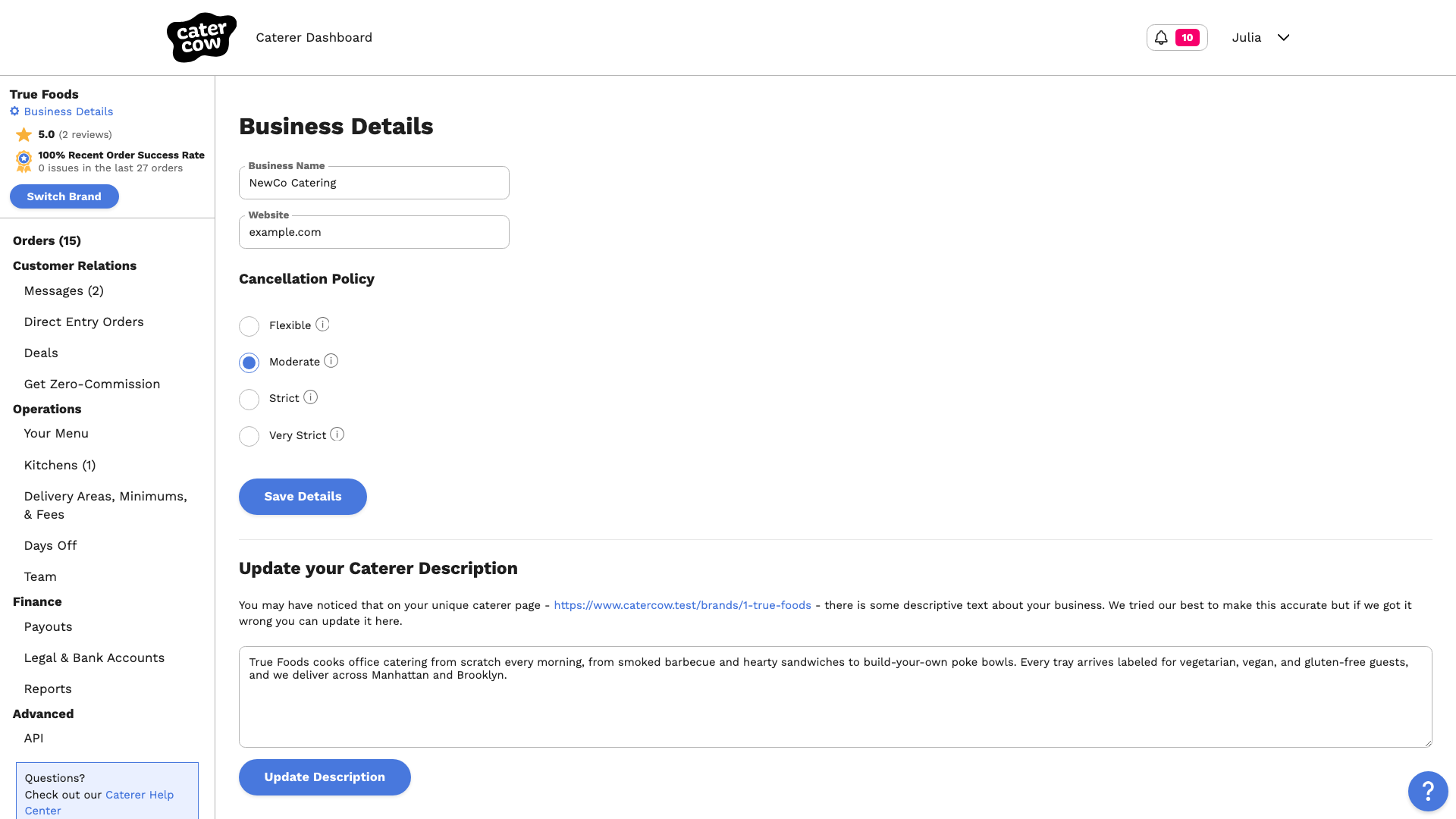 The Business Details page with the business name, website, and Moderate cancellation policy filled in