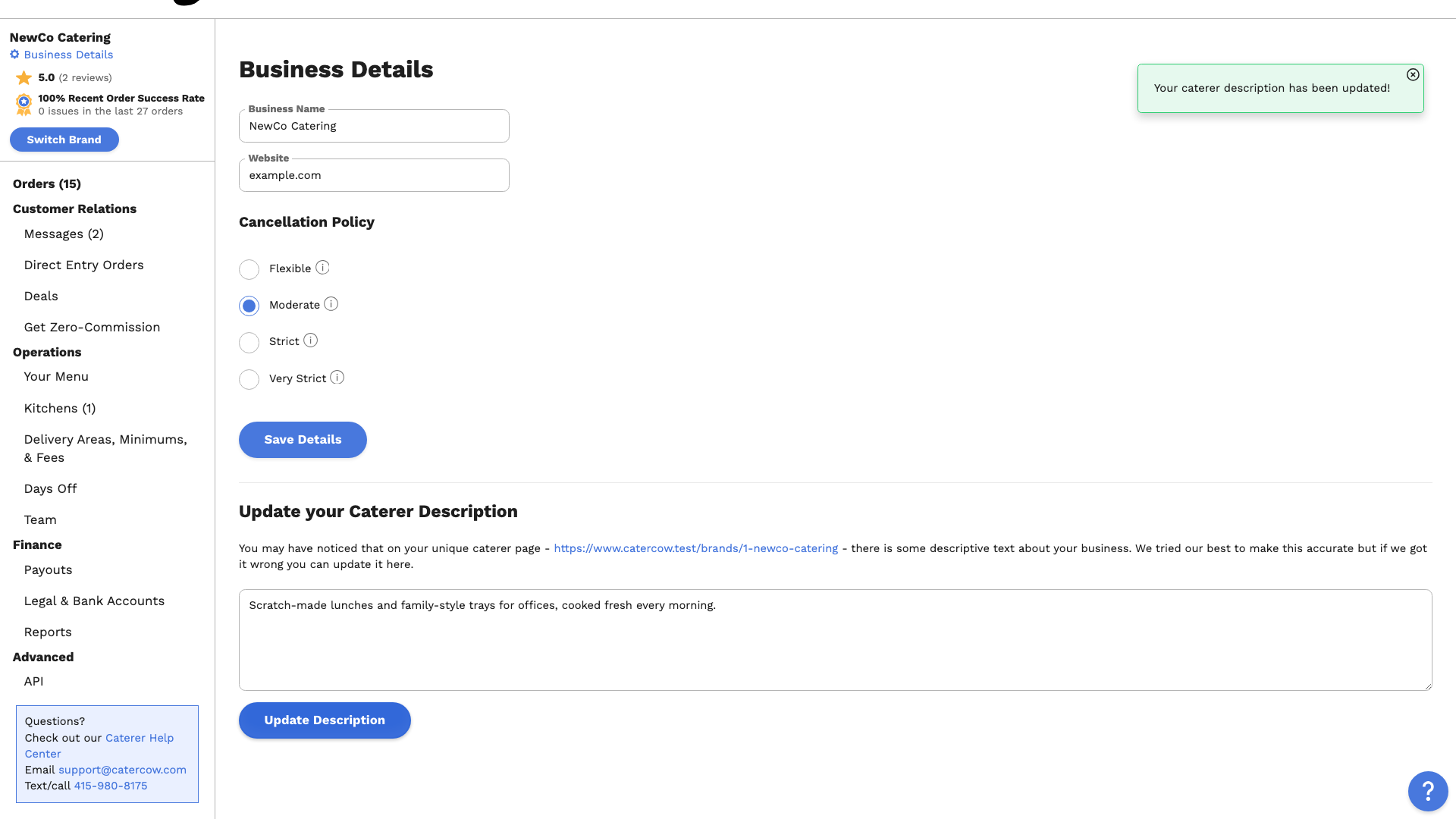 The description box with the new description, and the message “Your caterer description has been updated!”