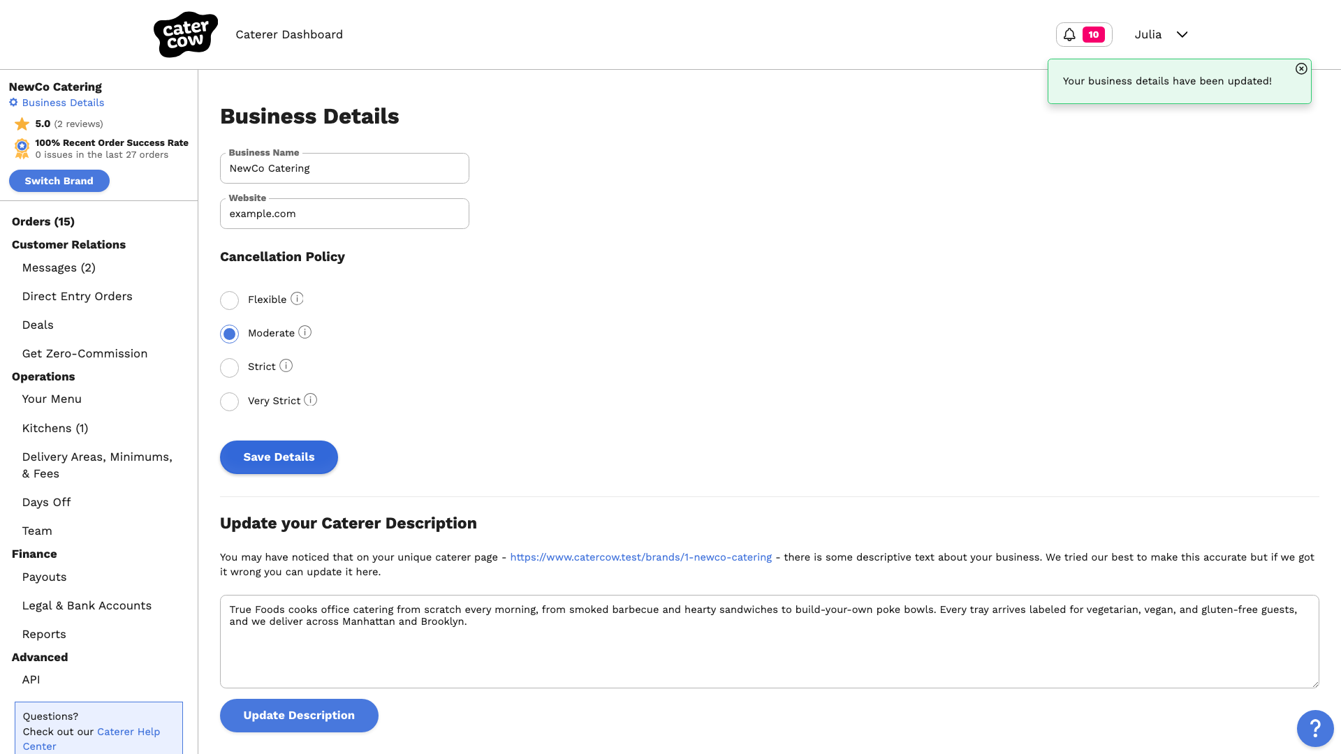 The Business Details page with the message “Your business details have been updated!” and the new name in the sidebar