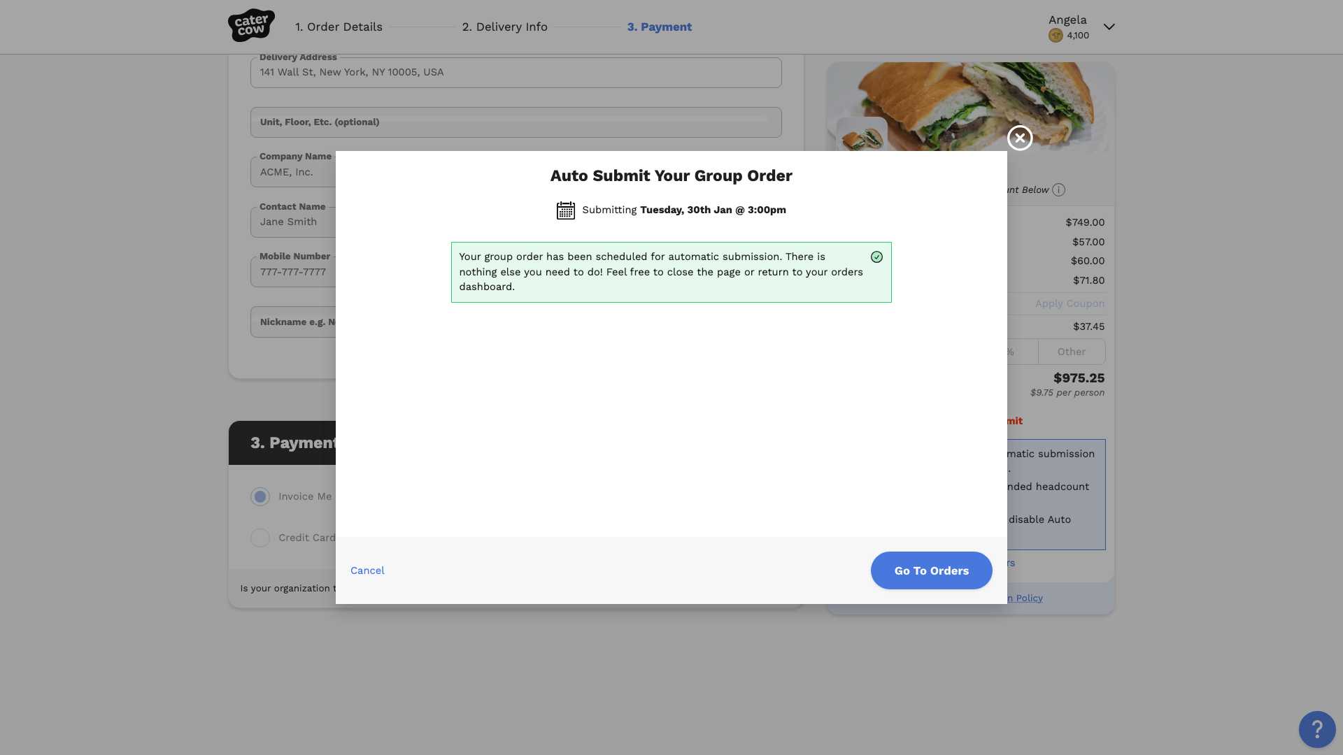The Auto Submit Your Group Order window with a message confirming the group order is scheduled for automatic submission
