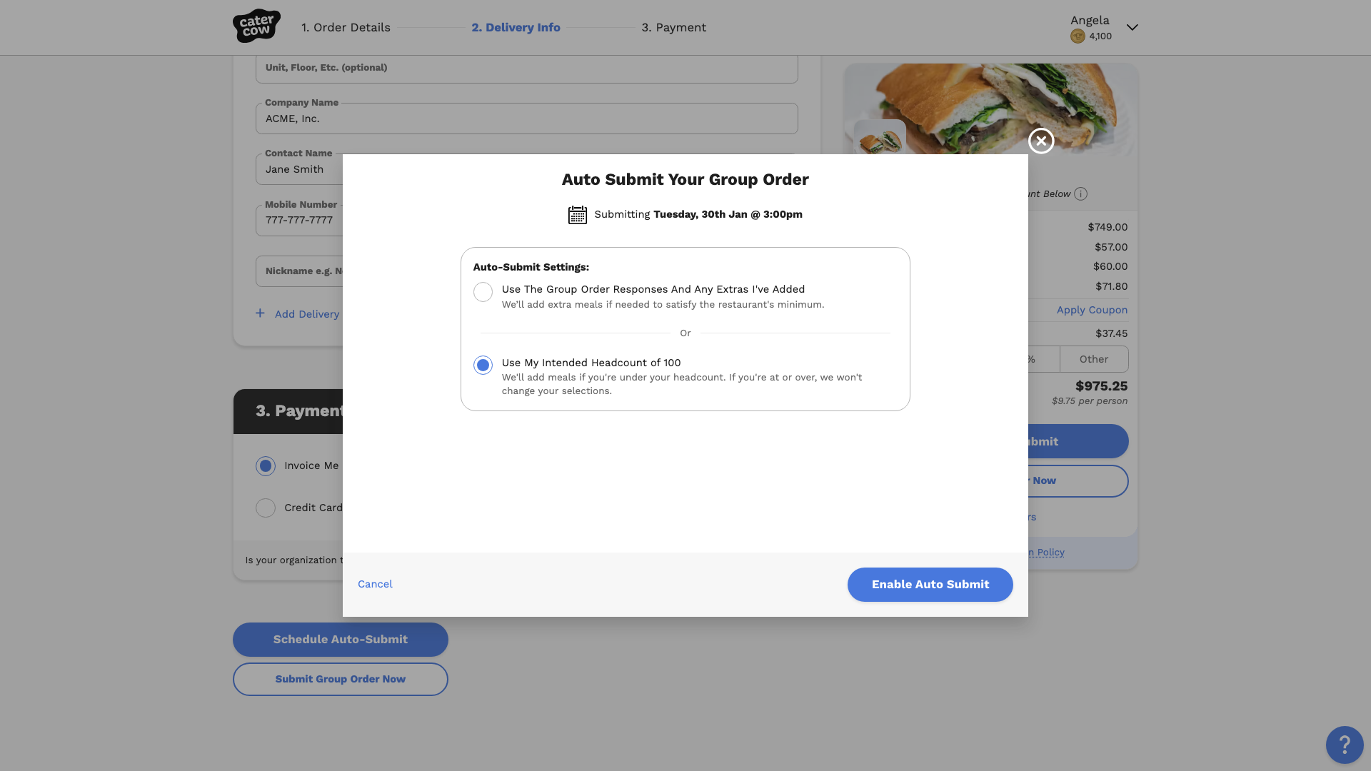 The Auto Submit Your Group Order window showing the submission time and the Use My Intended Headcount option selected