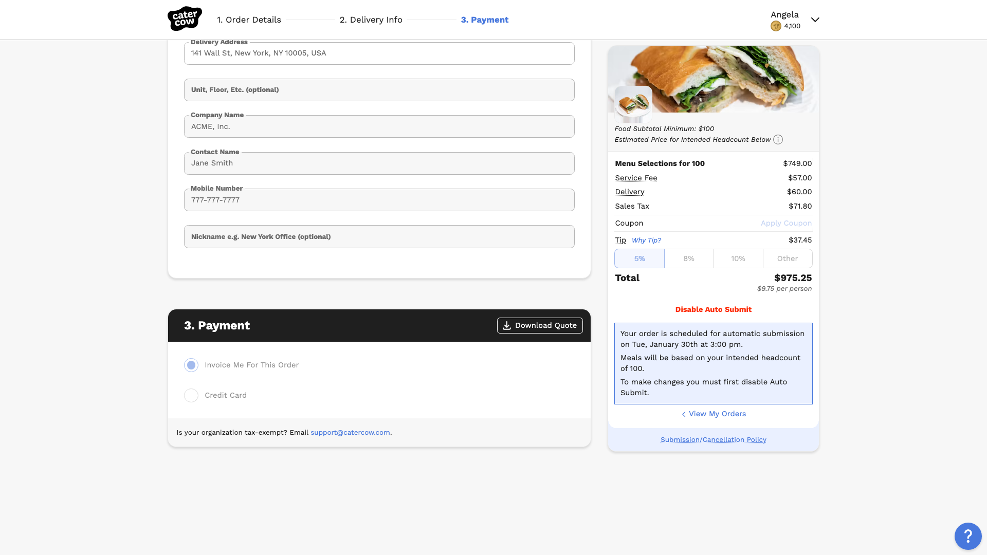 The group order checkout page with the Disable Auto Submit link and a note that the order is scheduled for automatic submission