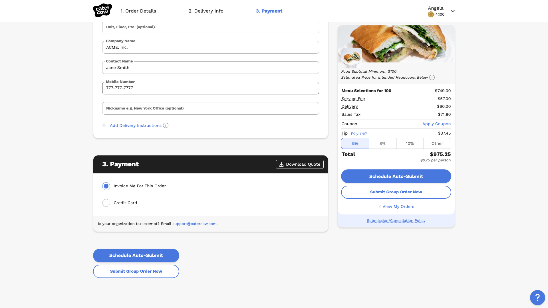 The group order checkout page with the Schedule Auto-Submit and Submit Group Order Now buttons