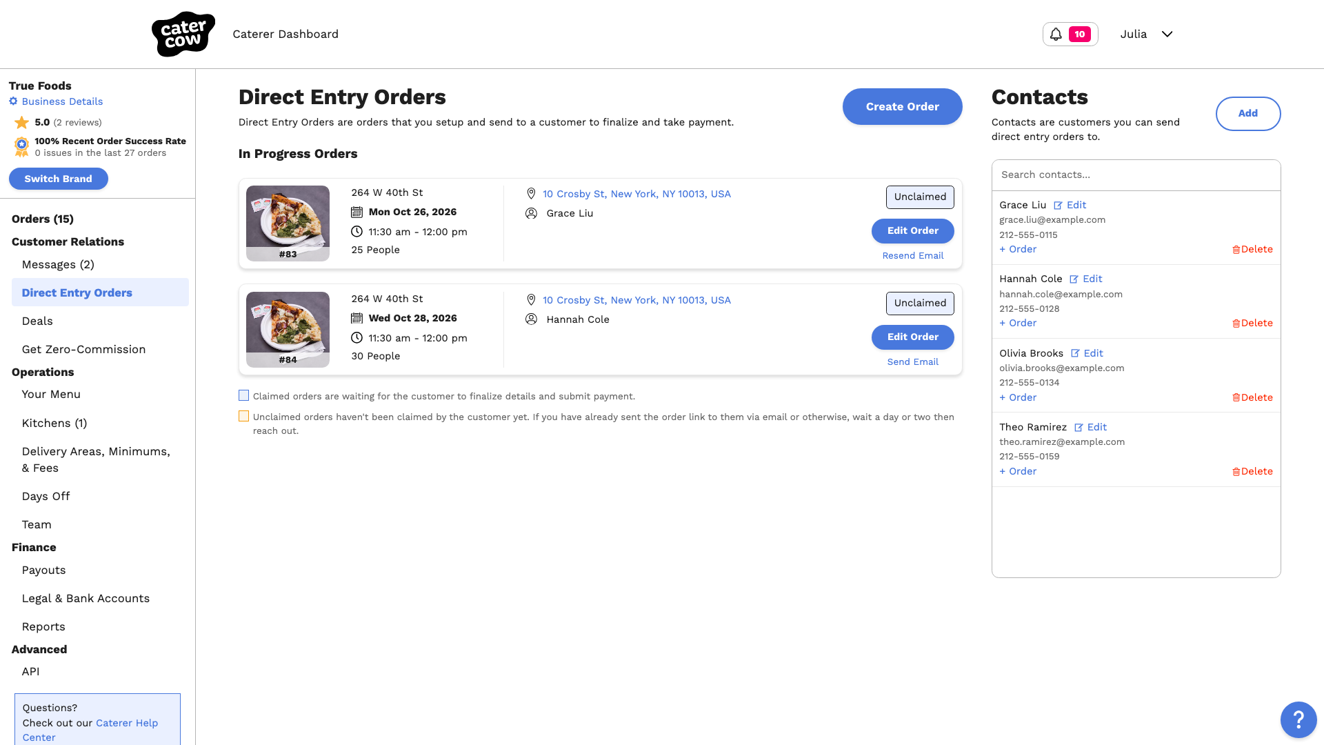 The Direct Entry Orders page with in-progress orders, saved contacts, and the Create Order button