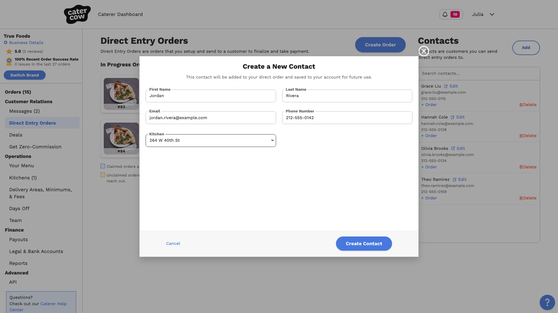 The Create a New Contact form filled in with a name, email, phone number, and kitchen