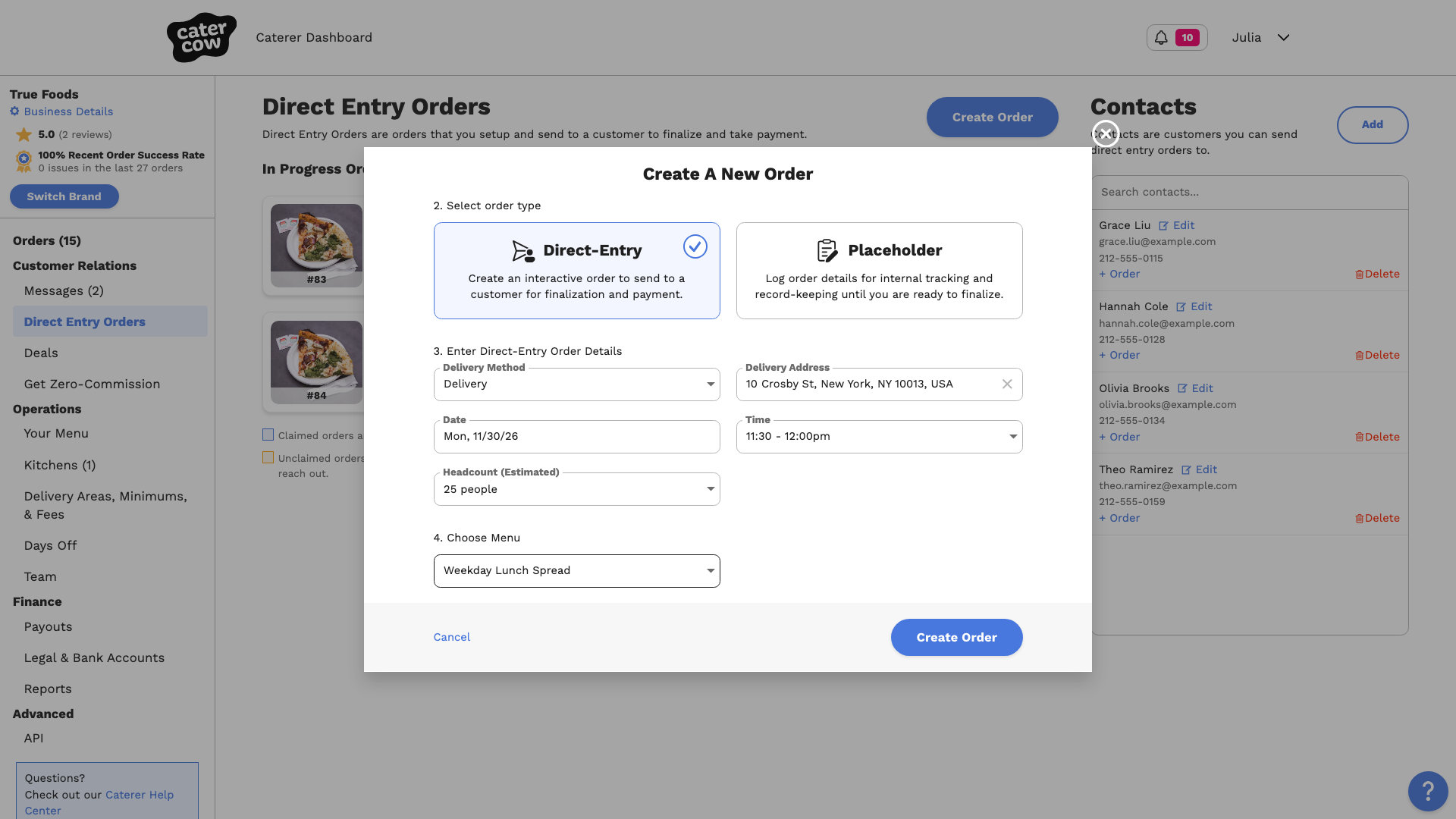 The Create A New Order form with the order details and a package chosen