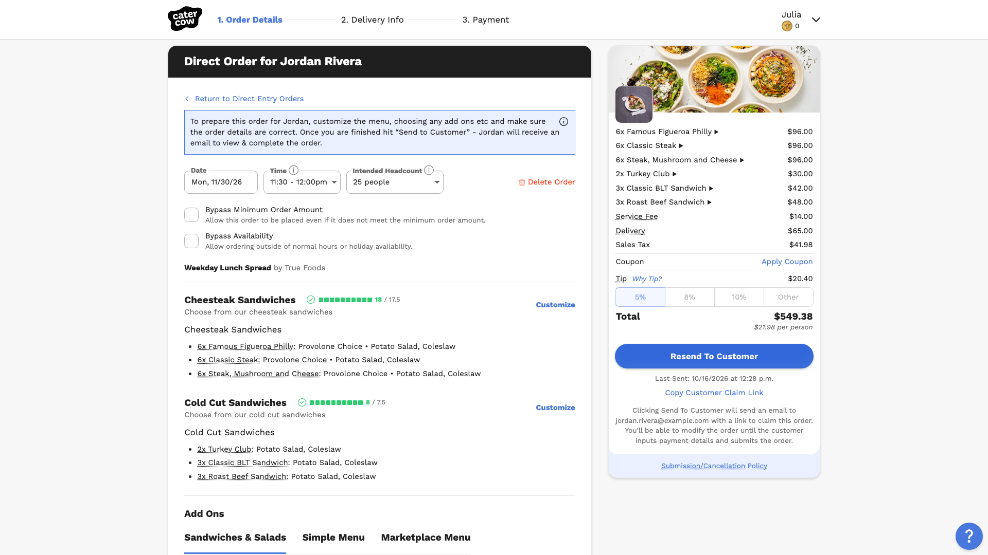The order after sending, with the Resend To Customer button and the Last Sent time