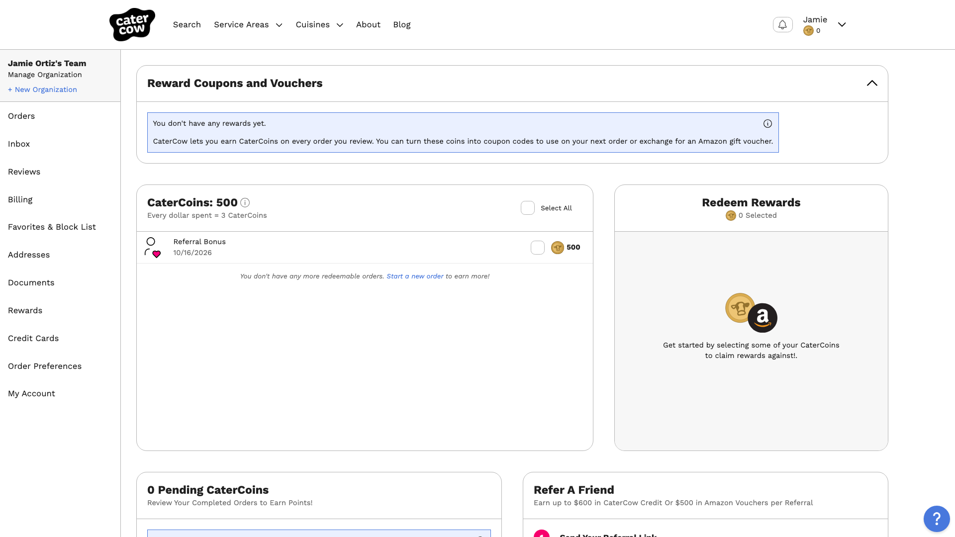 The new account’s Rewards page, with a 500-coin Referral Bonus and “Every dollar spent = 3 CaterCoins”