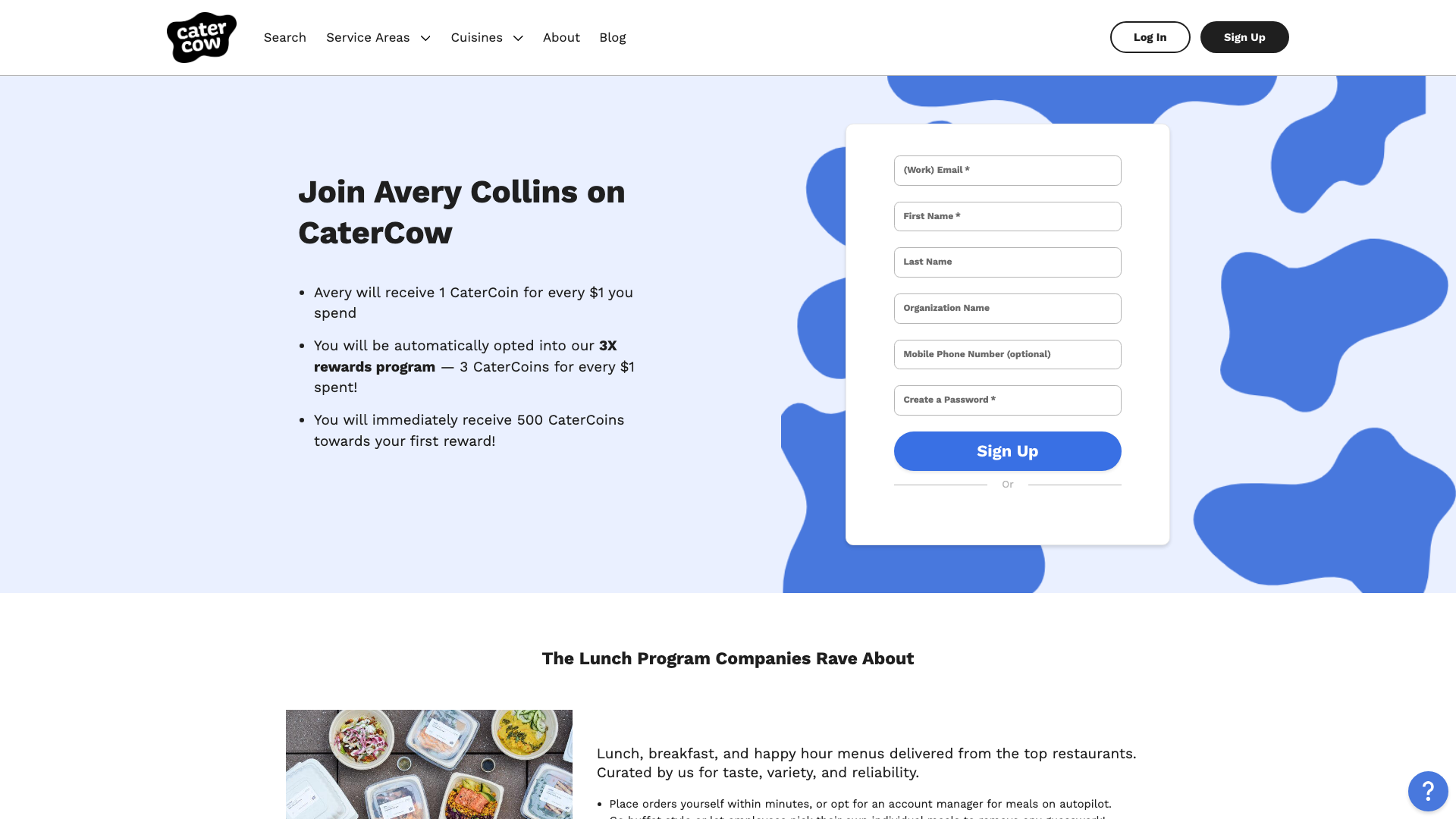The Join Avery Collins on CaterCow page, listing the referral perks beside a sign-up form