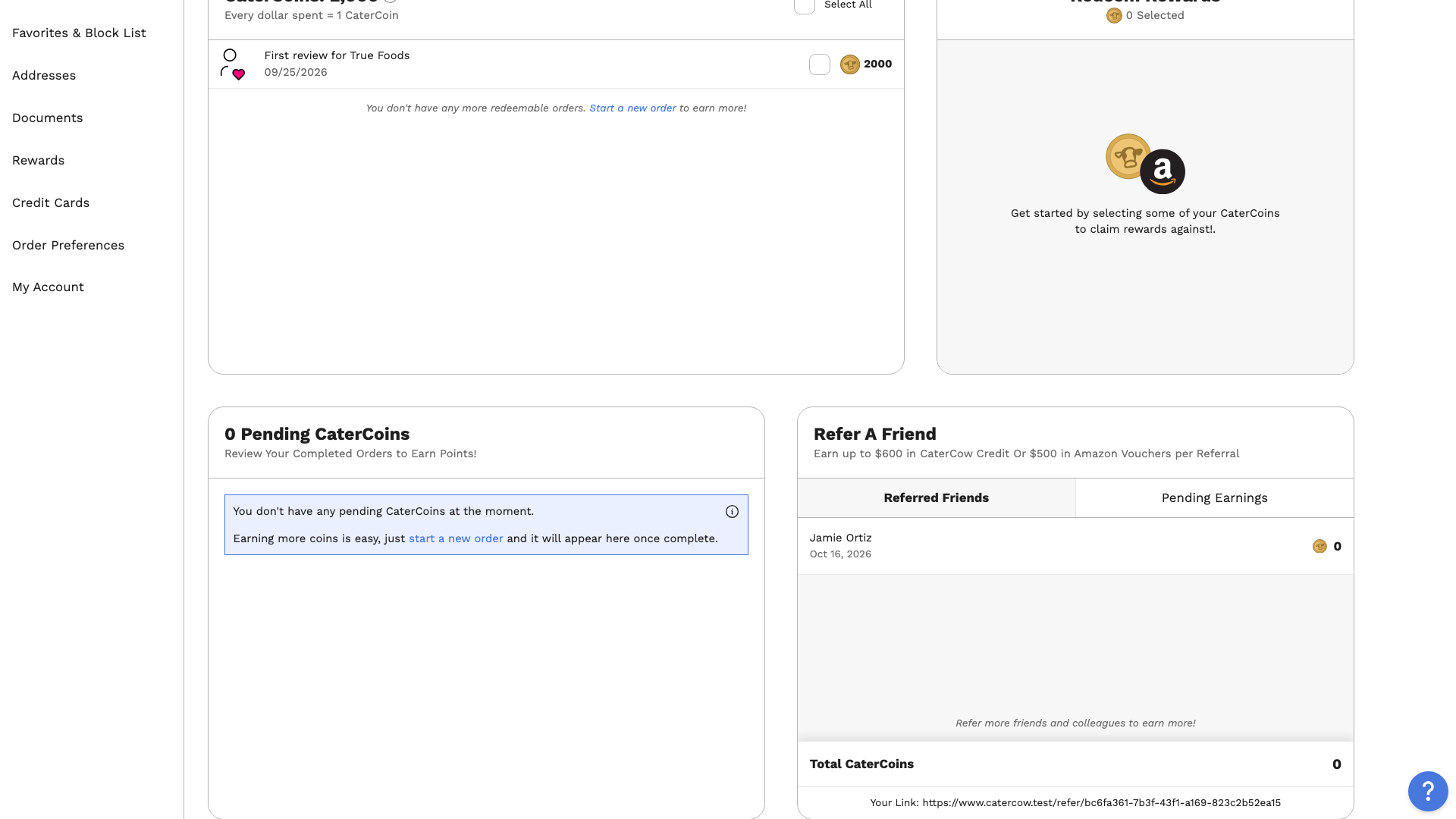 The Referred Friends tab, listing the new friend with their sign-up date