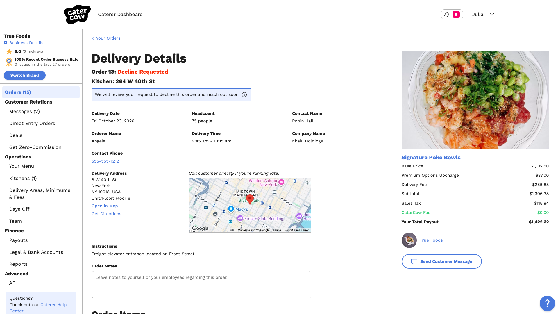 The order page showing the status Decline Requested