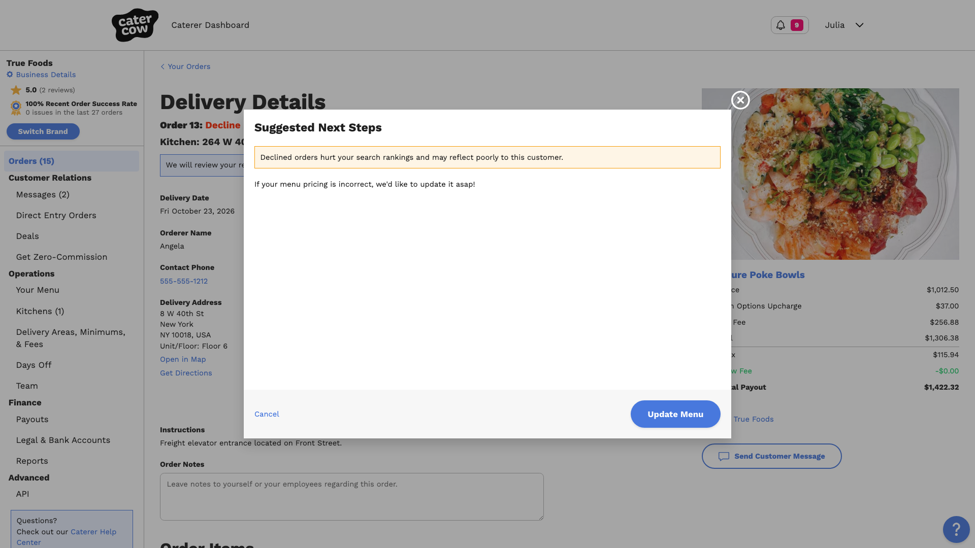 The Suggested Next Steps popup, with a note that declined orders hurt your search rankings and an Update Menu button