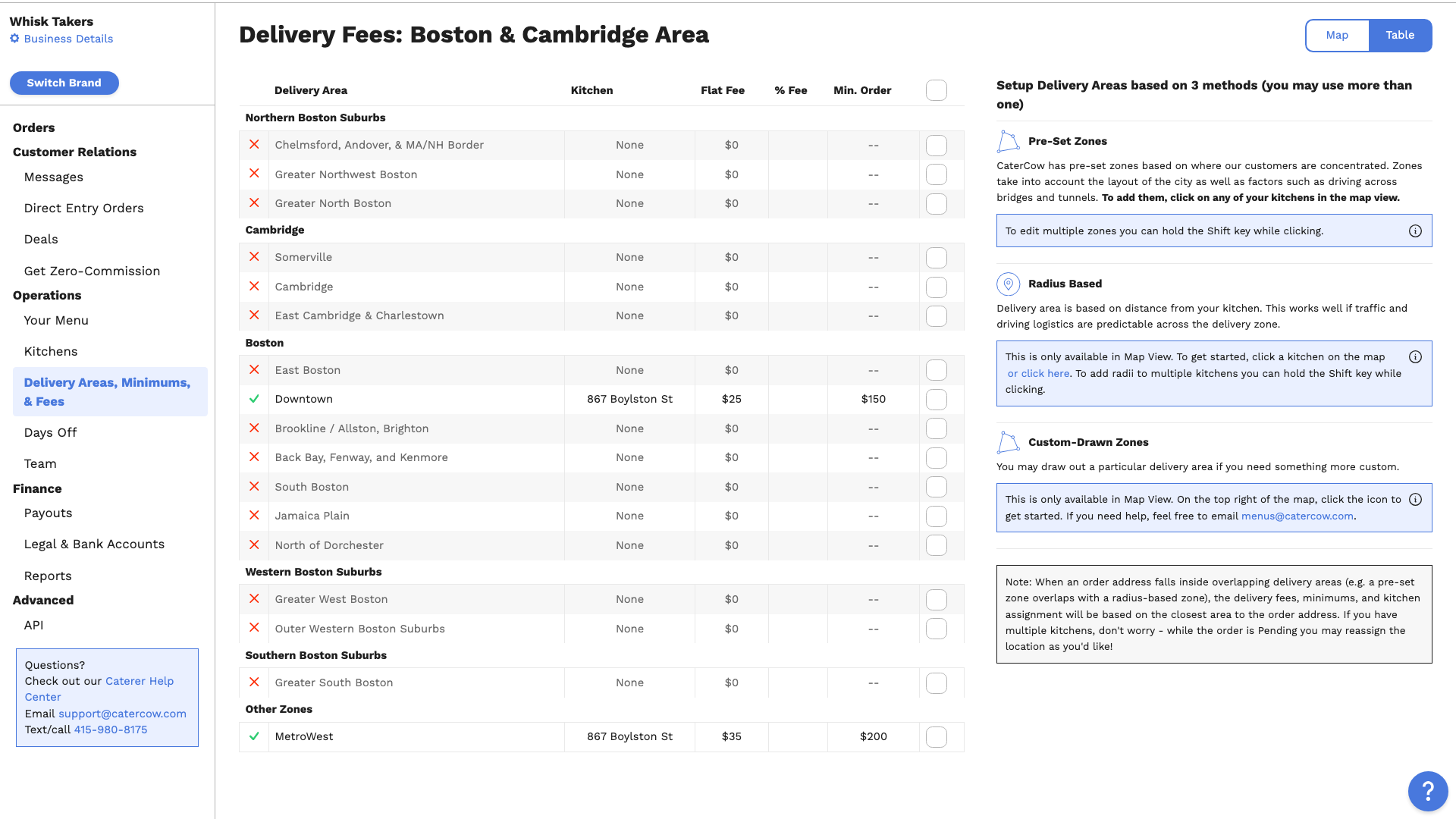The table view listing each delivery area, with Downtown at a $25 fee and $150 minimum and MetroWest at a $35 fee and $200 minimum