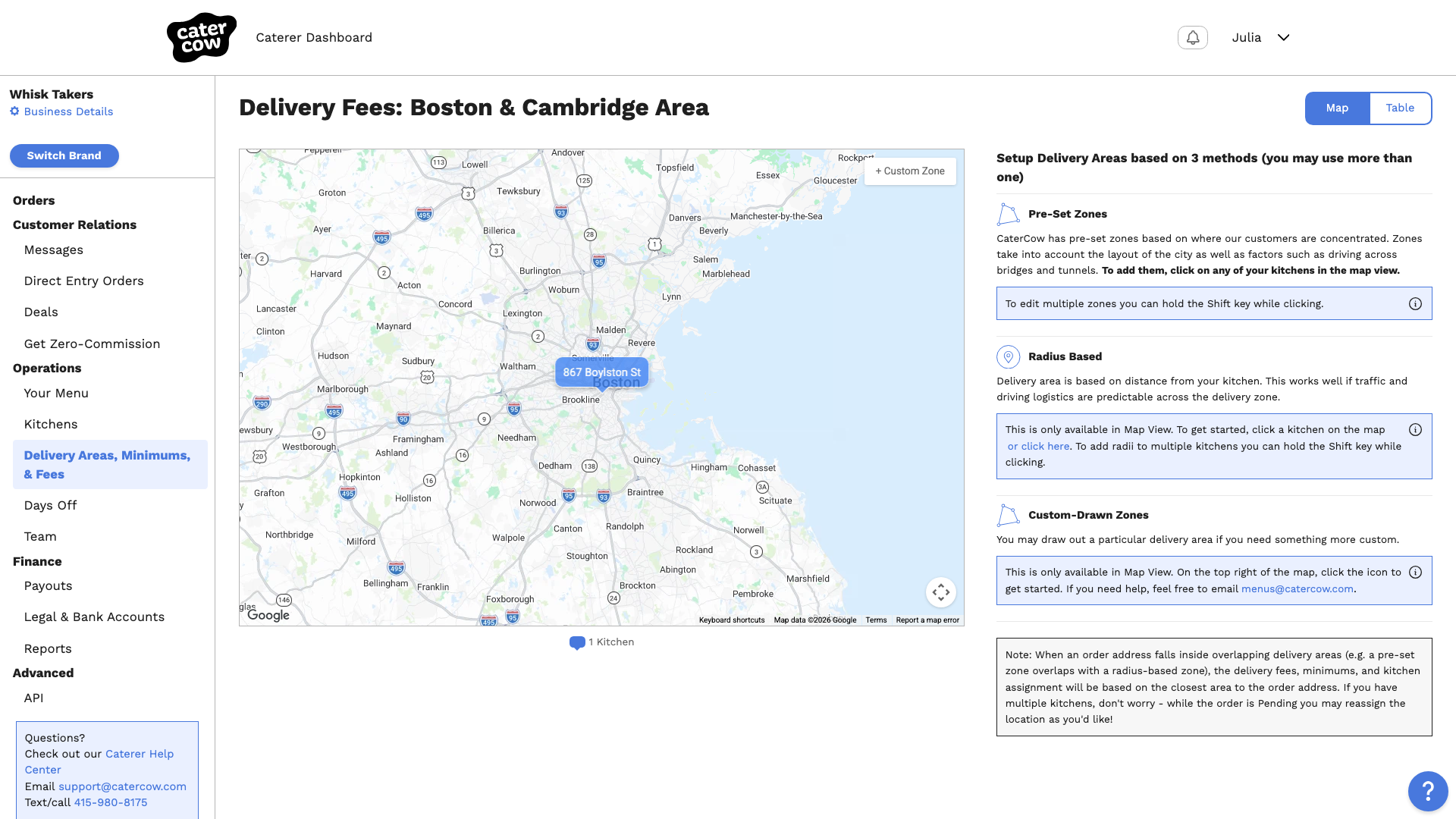 The Delivery Areas, Minimums, & Fees page with the map on the left and the setup options on the right