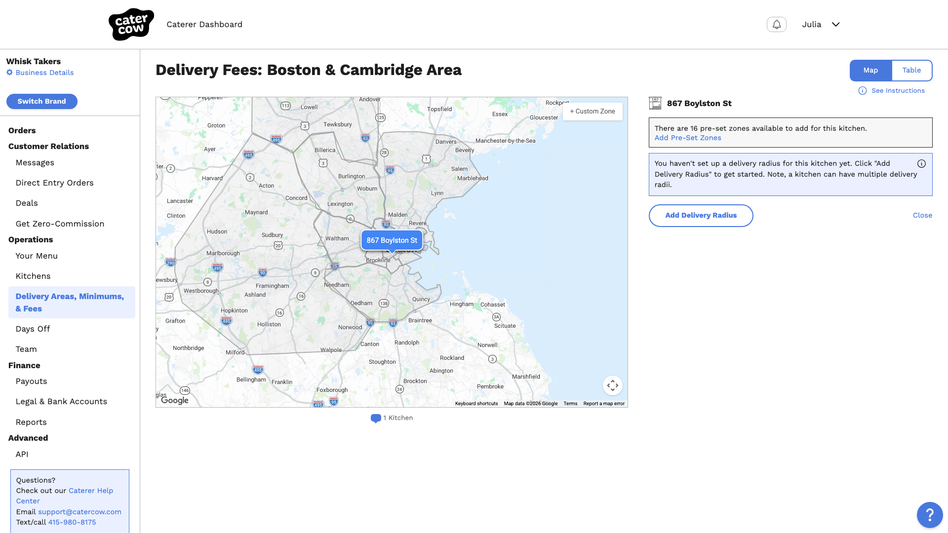 Pre-set zones outlined in gray on the map around the kitchen