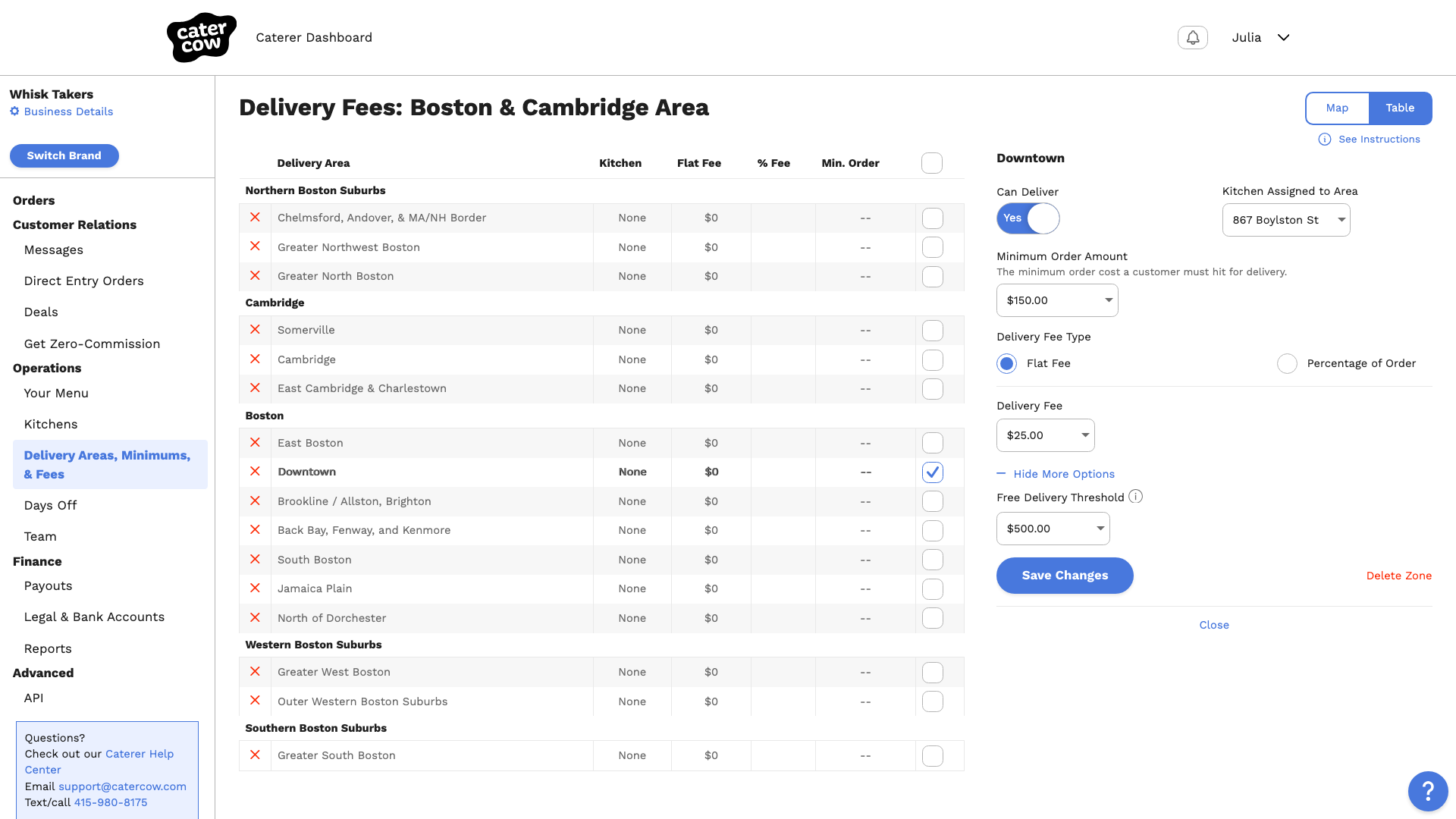 The pricing panel for the Downtown zone with Can Deliver on, a $150 minimum, a $25 flat fee, and a $500 free delivery threshold