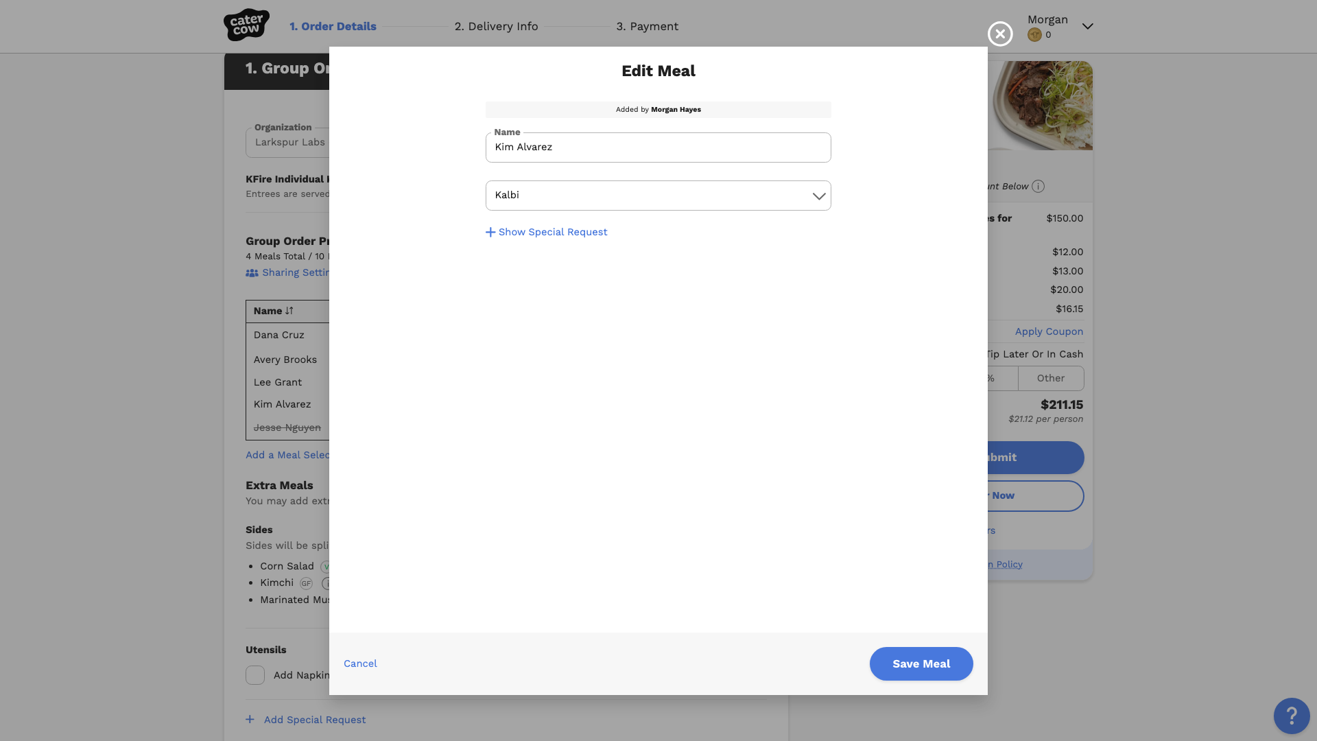 The Edit Meal popup with a different meal chosen
