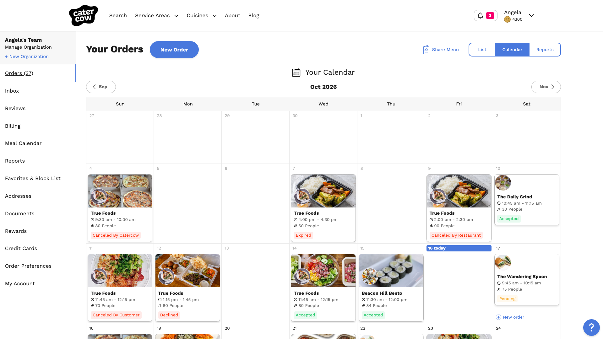 The calendar view for October, with each order shown on its delivery day
