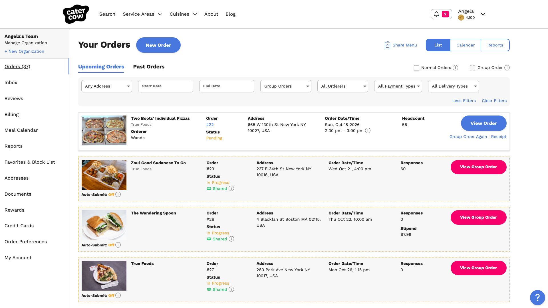 The orders list filtered to group orders, with More Filters open to show the payment type and delivery type filters