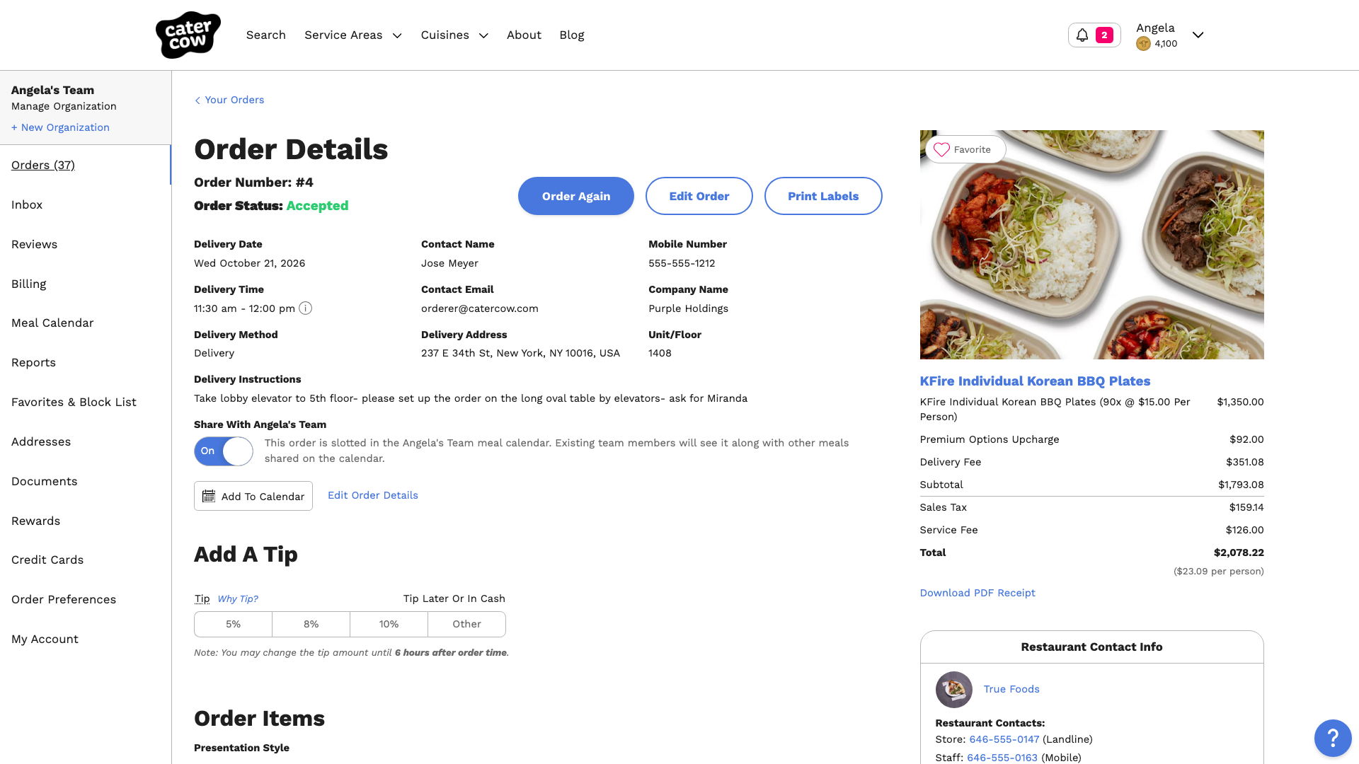 The Order Details page showing the delivery details, the price breakdown, and the restaurant’s contact info