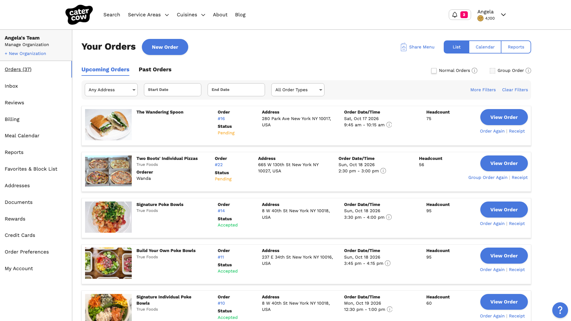 The Your Orders page in list view, with the Upcoming Orders tab selected and the filter bar above the list