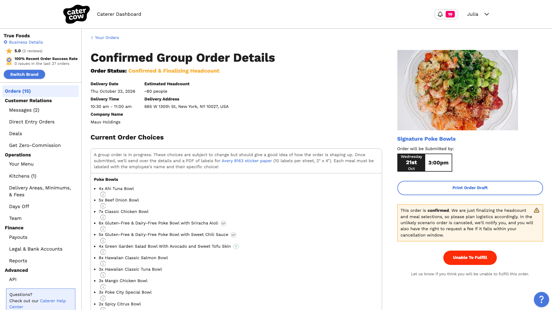 A group order’s page, with the delivery details, the current meal choices, and the submission deadline