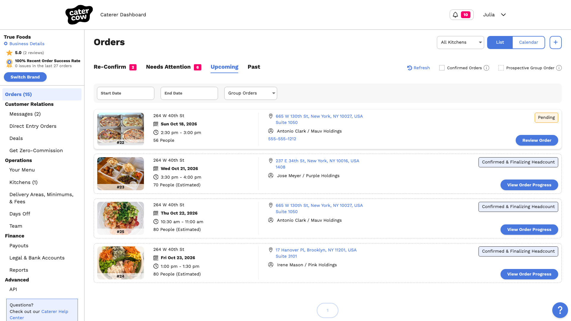 The Upcoming tab filtered to group orders, with three still collecting meals