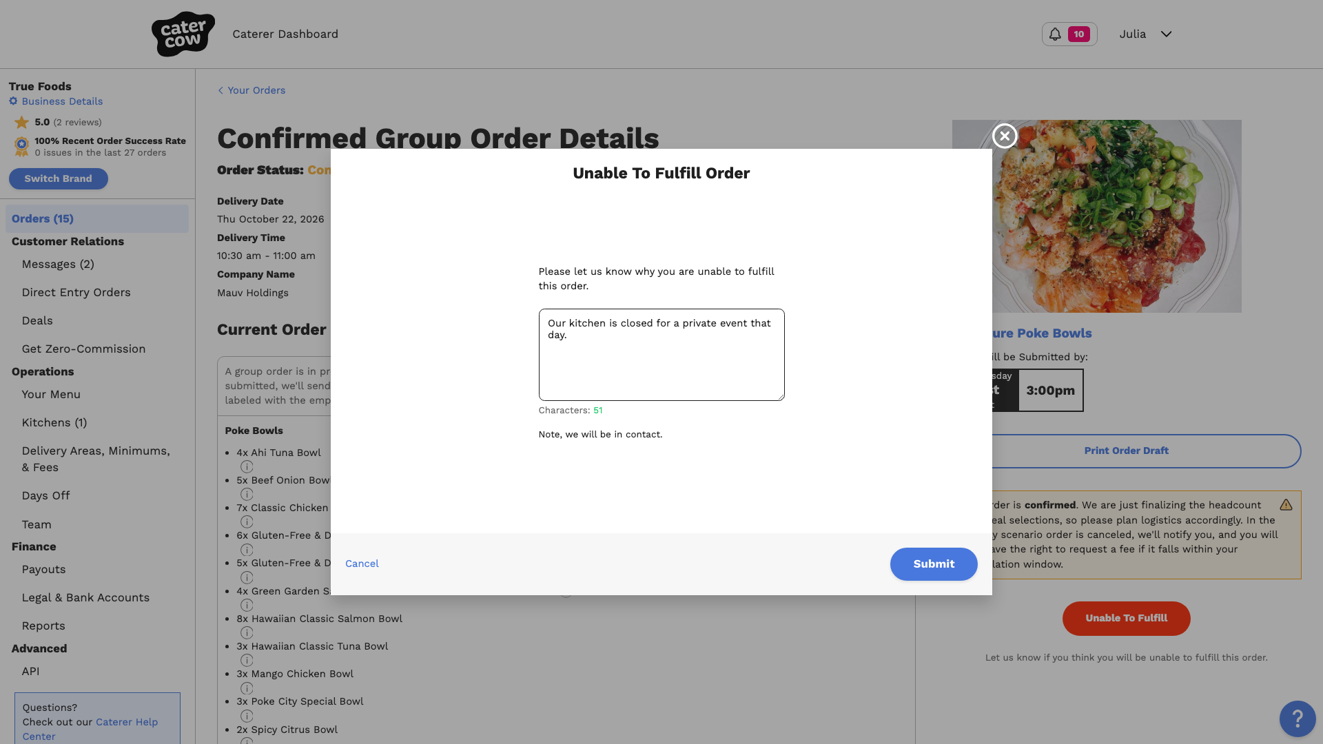 The Unable To Fulfill Order popup with a reason typed in