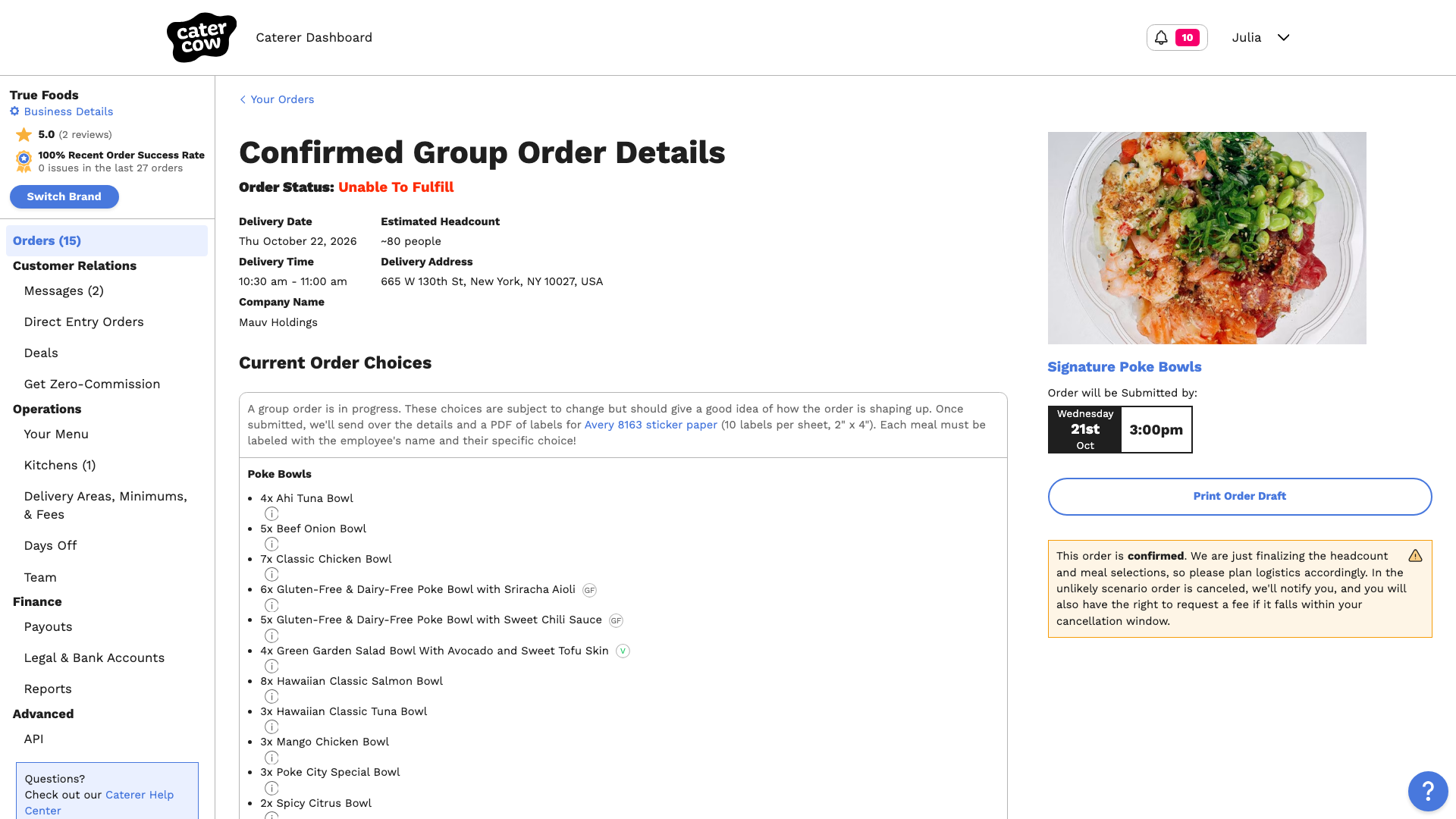 The group order’s status showing Unable To Fulfill