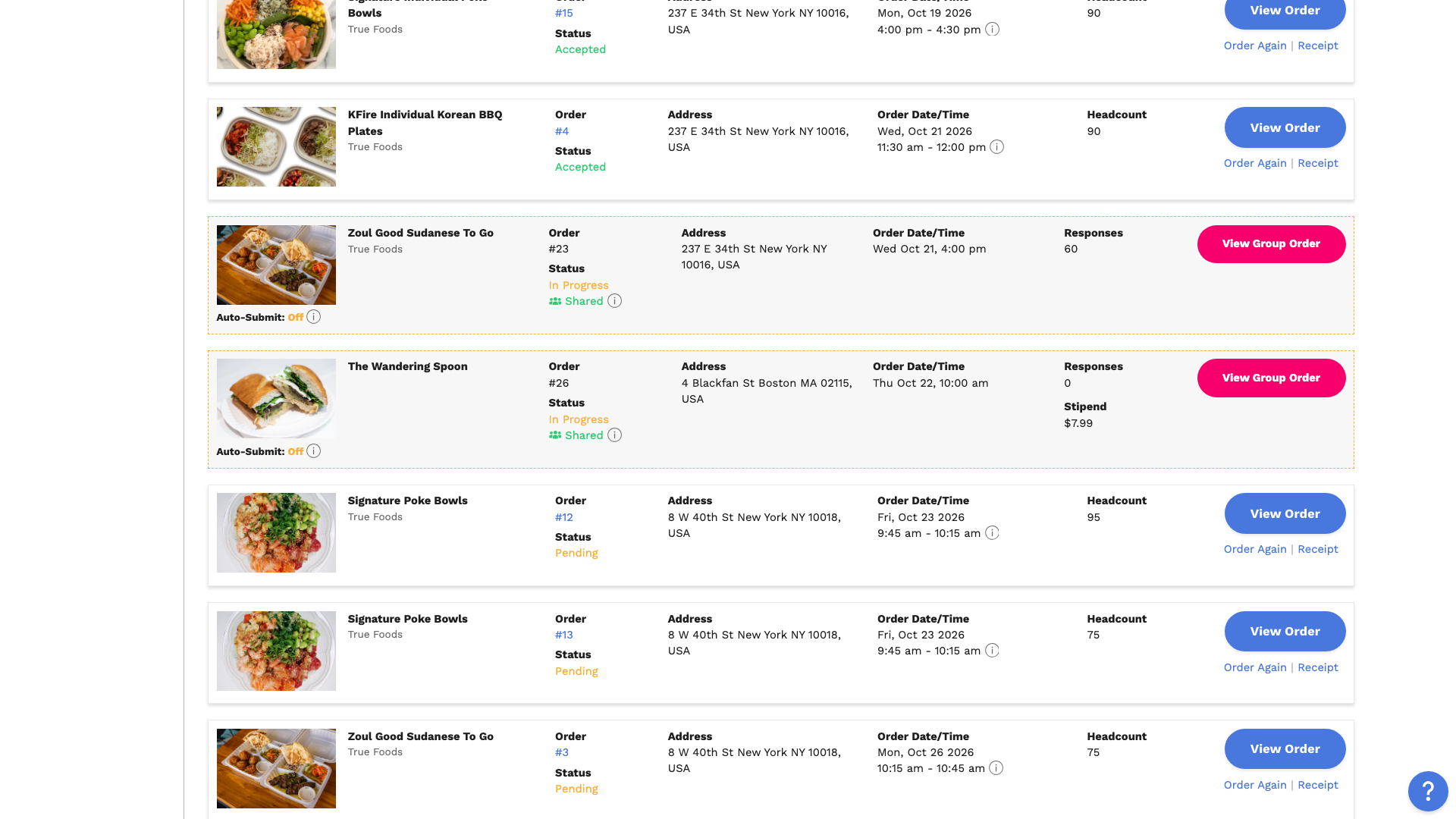 An upcoming group order on the Orders page, showing a Stipend of $7.99