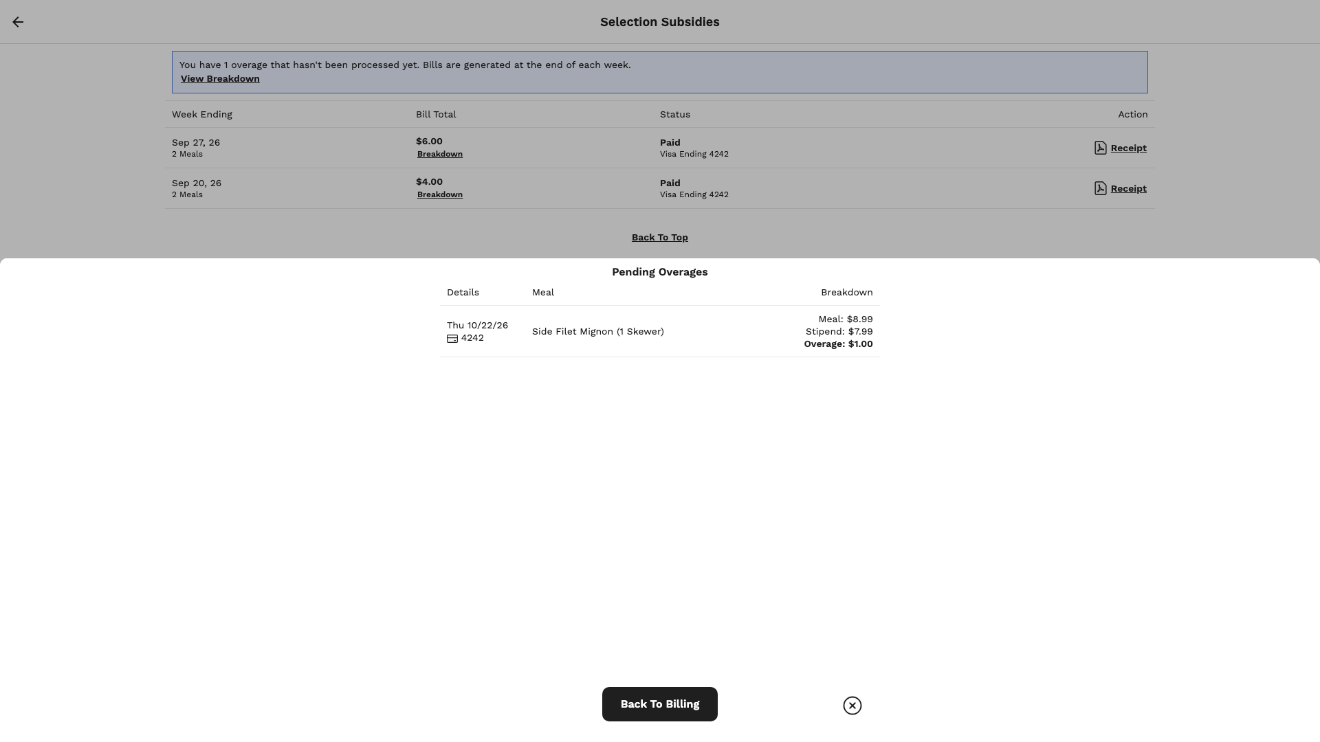 The Pending Overages breakdown listing a $8.99 meal, a $7.99 stipend, and a $1.00 overage