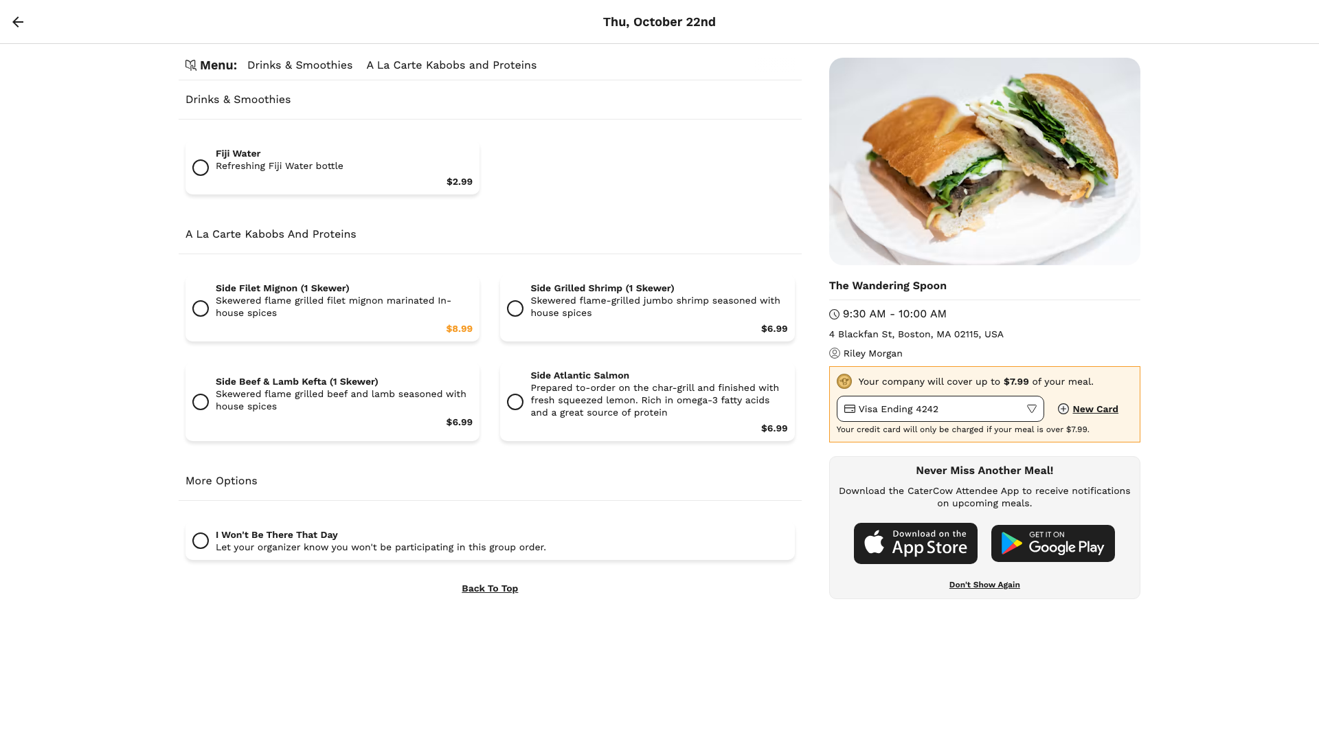 The group order menu with the note “Your company will cover up to $7.99 of your meal” and the teammate’s saved card