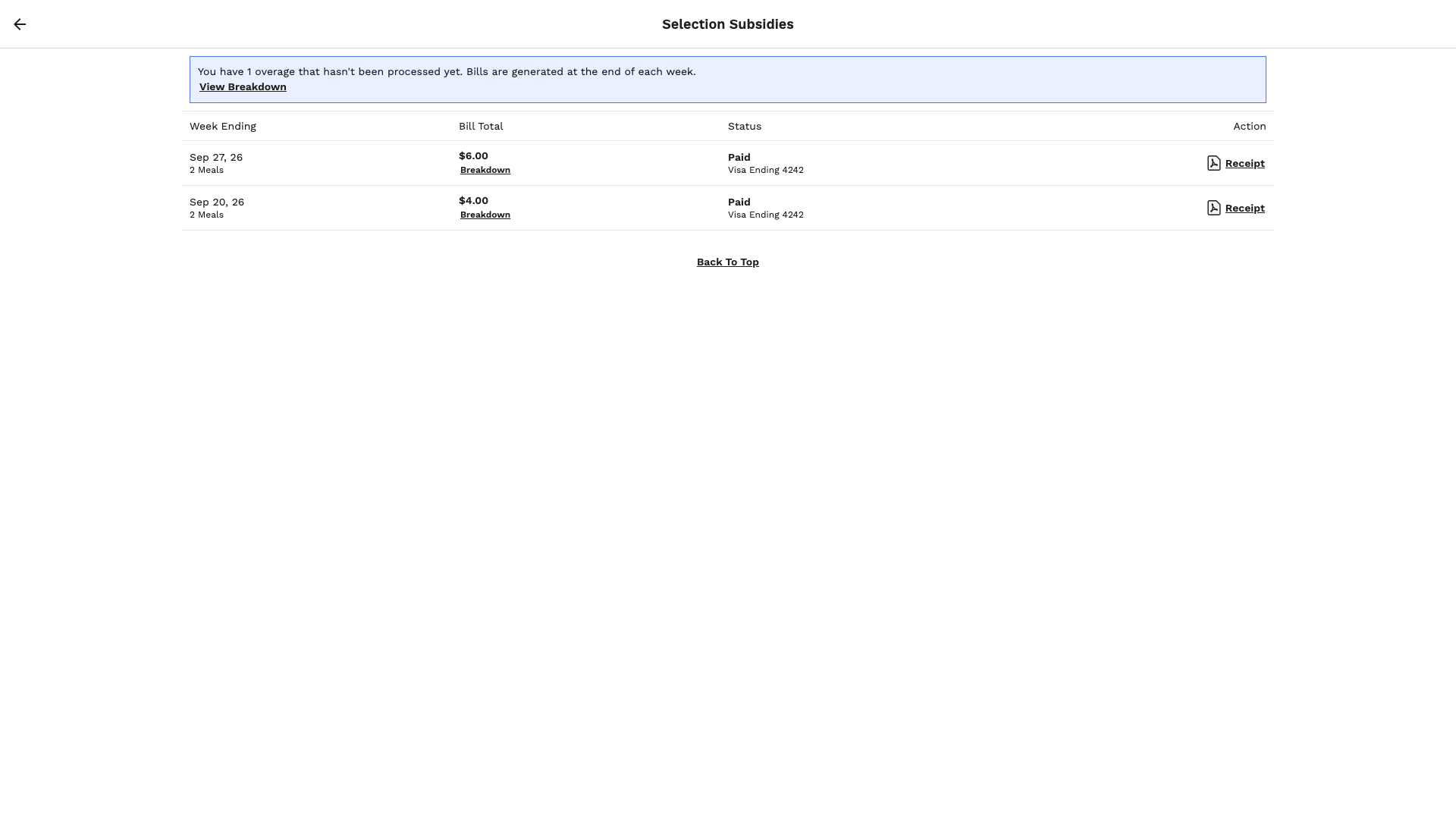 The Selection Subsidies page with a note about 1 overage that hasn’t been processed yet, a View Breakdown link, and two paid weekly bills, each with a Receipt link