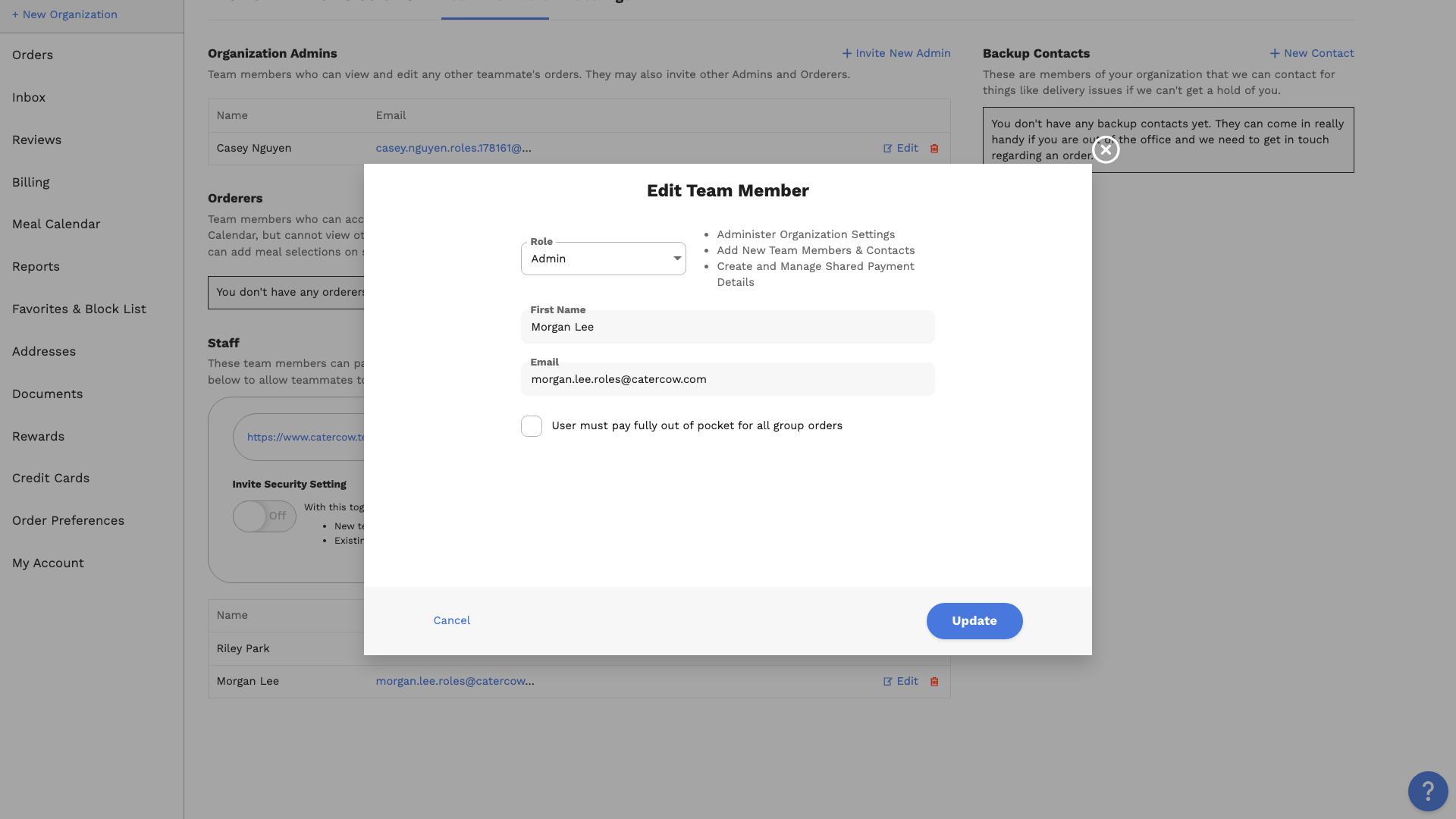 The Edit Team Member popup with Admin chosen in the Role menu and the Admin permissions listed beside it