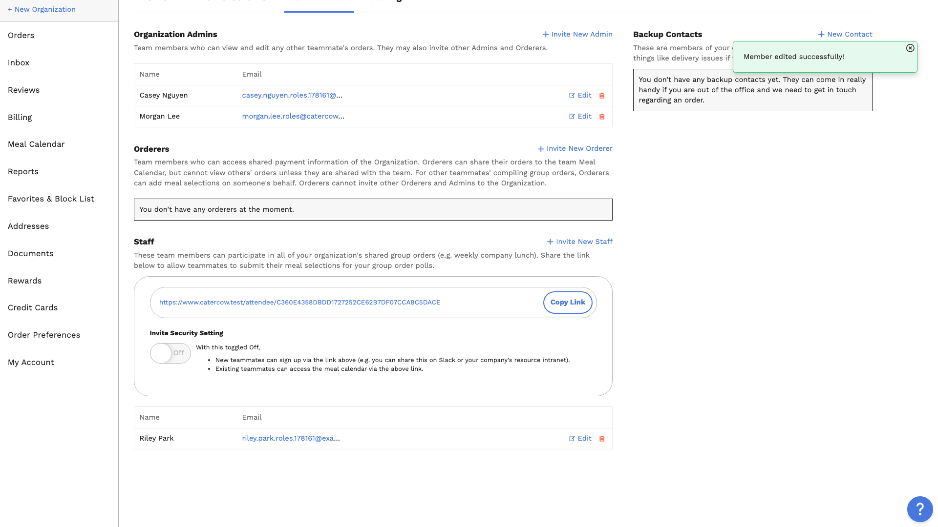 The Team Members tab with the teammate now listed under Organization Admins