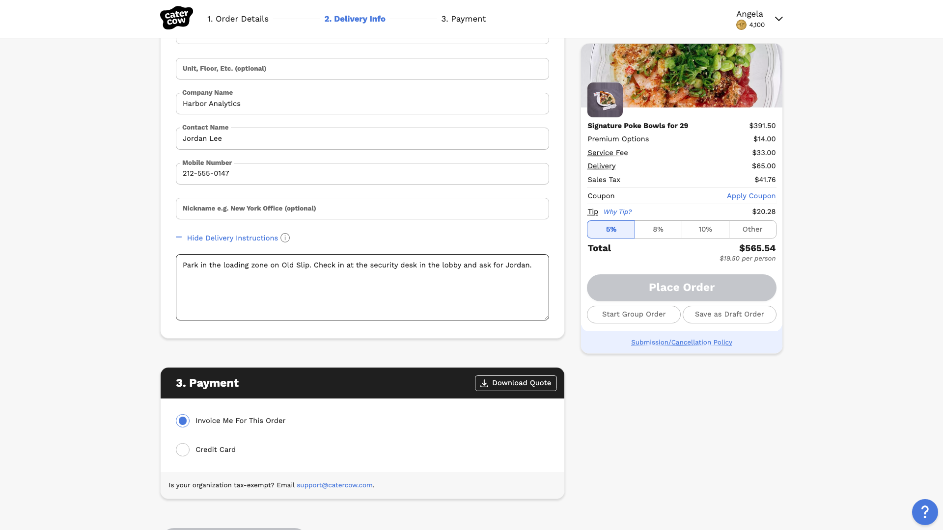The Delivery Info section at checkout with a new address entered and delivery instructions typed in the box under Hide Delivery Instructions