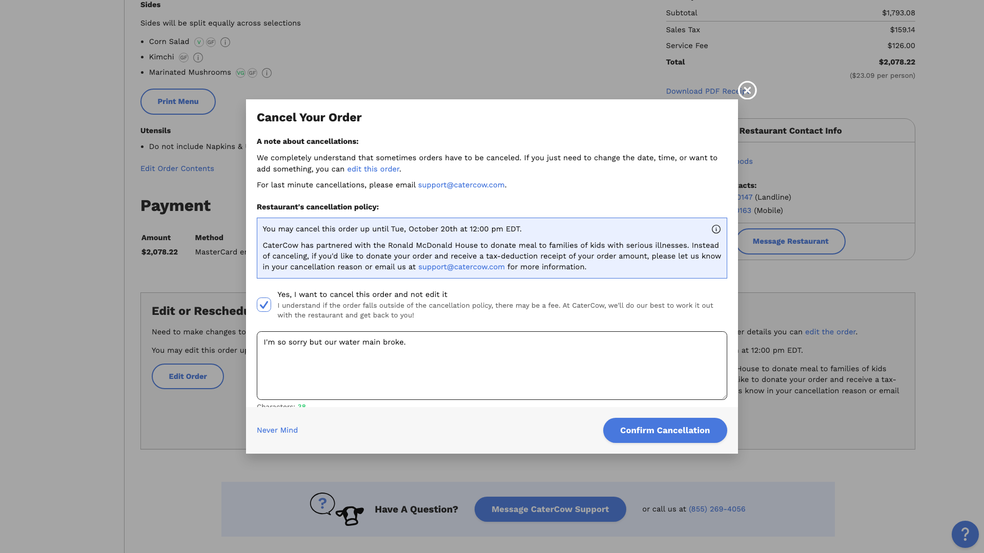 The Cancel Your Order popup with the confirmation box checked and a cancellation reason filled in