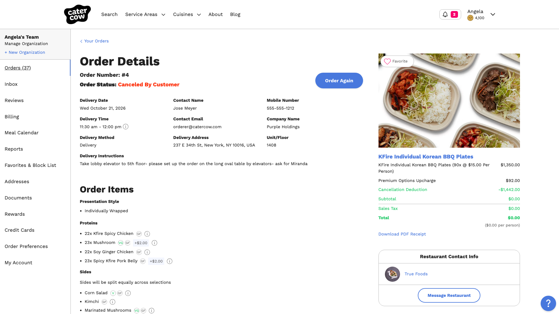 The order page showing the status Canceled By Customer and a $0.00 total