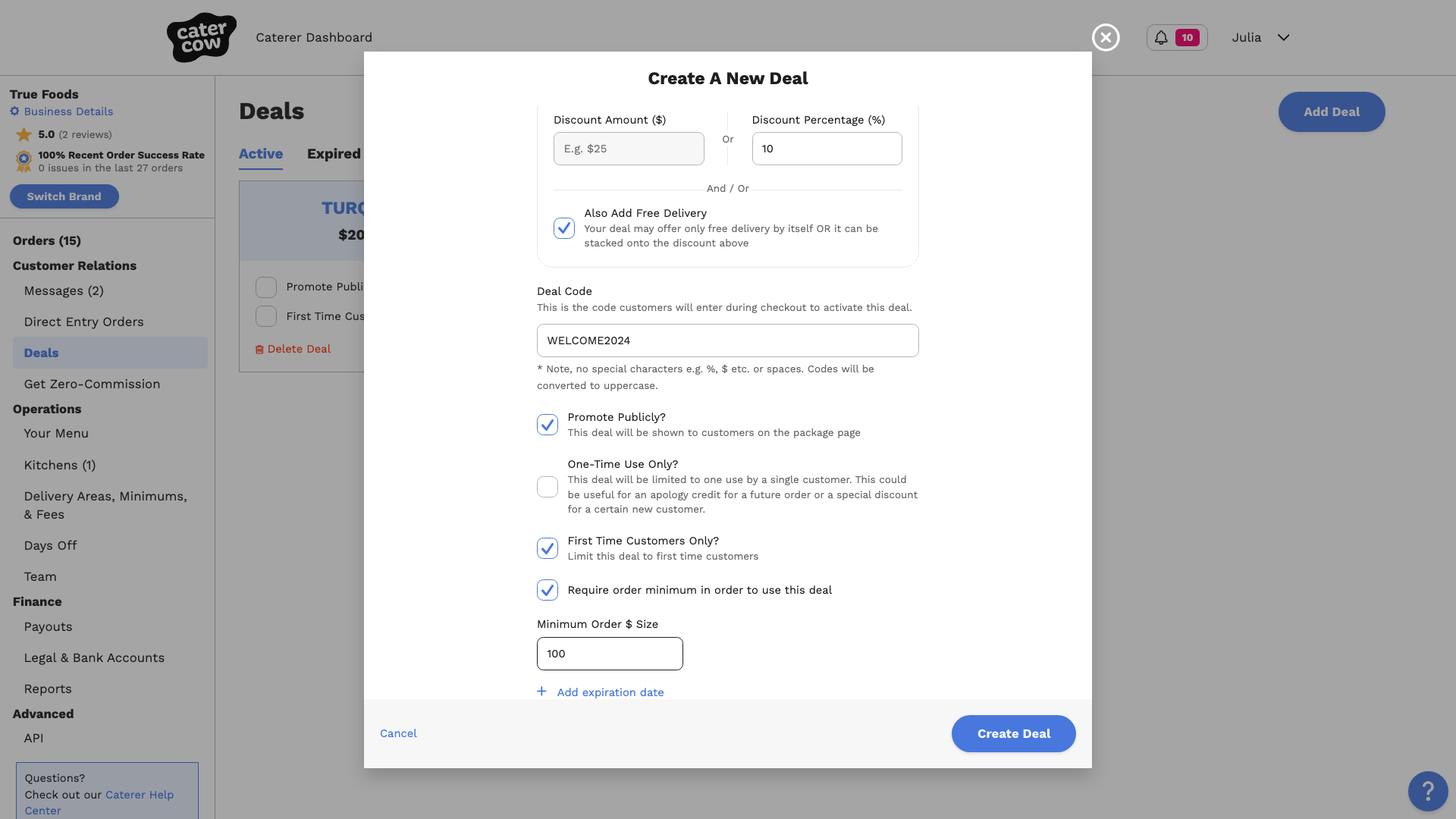 The Create A New Deal form with a 10% discount, free delivery, the code WELCOME2024, and a $100 order minimum filled in