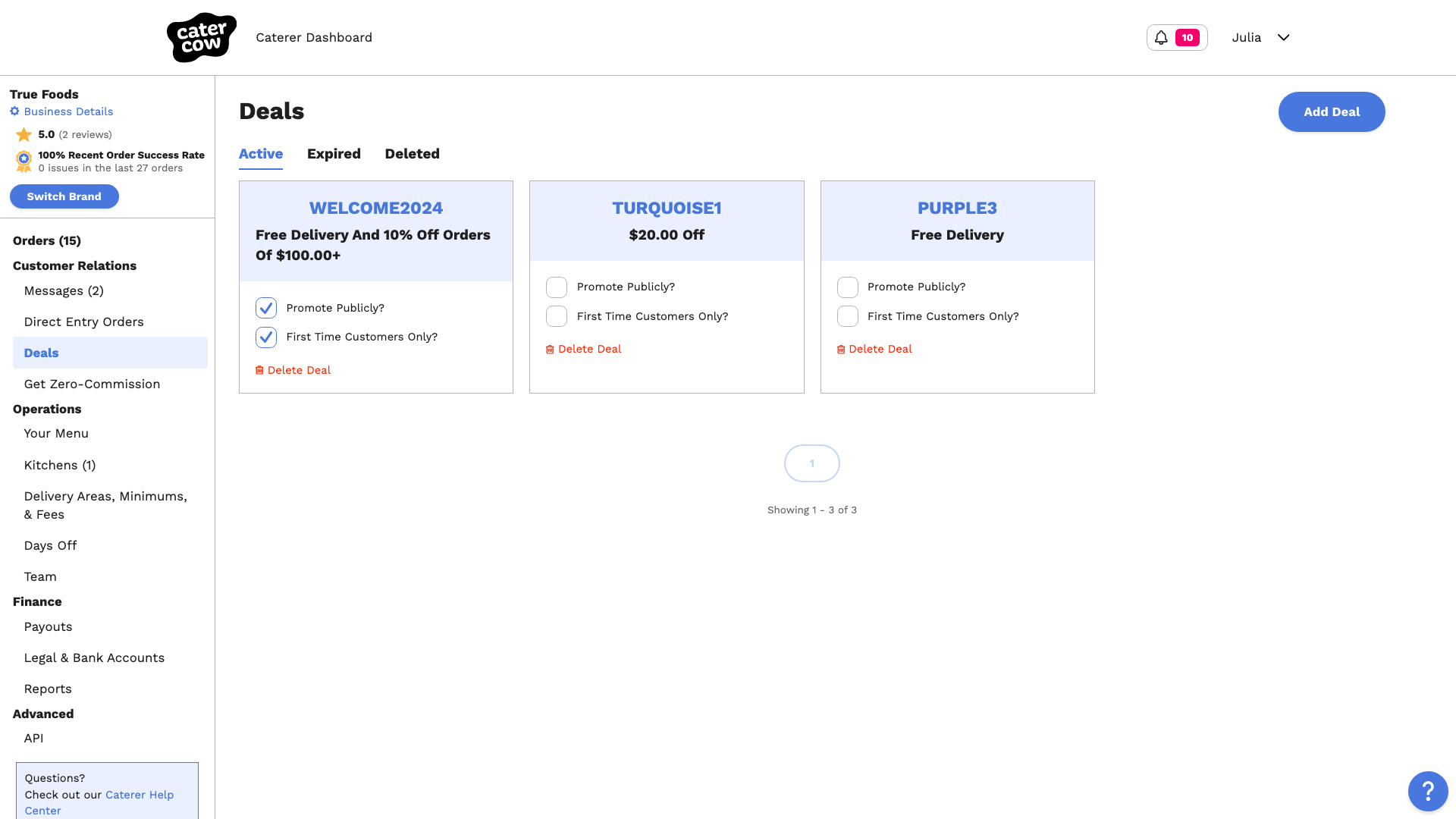 The Deals page showing the new WELCOME2024 deal in the Active tab, with its Promote Publicly and First Time Customers Only checkboxes and a Delete Deal link