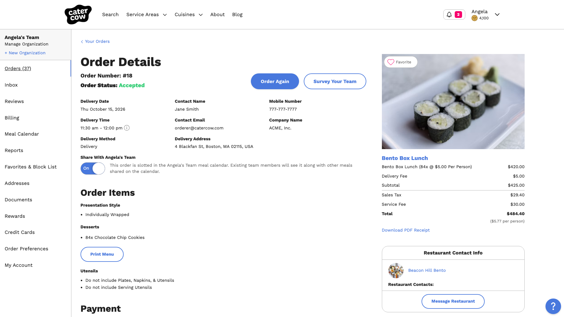 The order page with the price breakdown and the Download PDF Receipt link