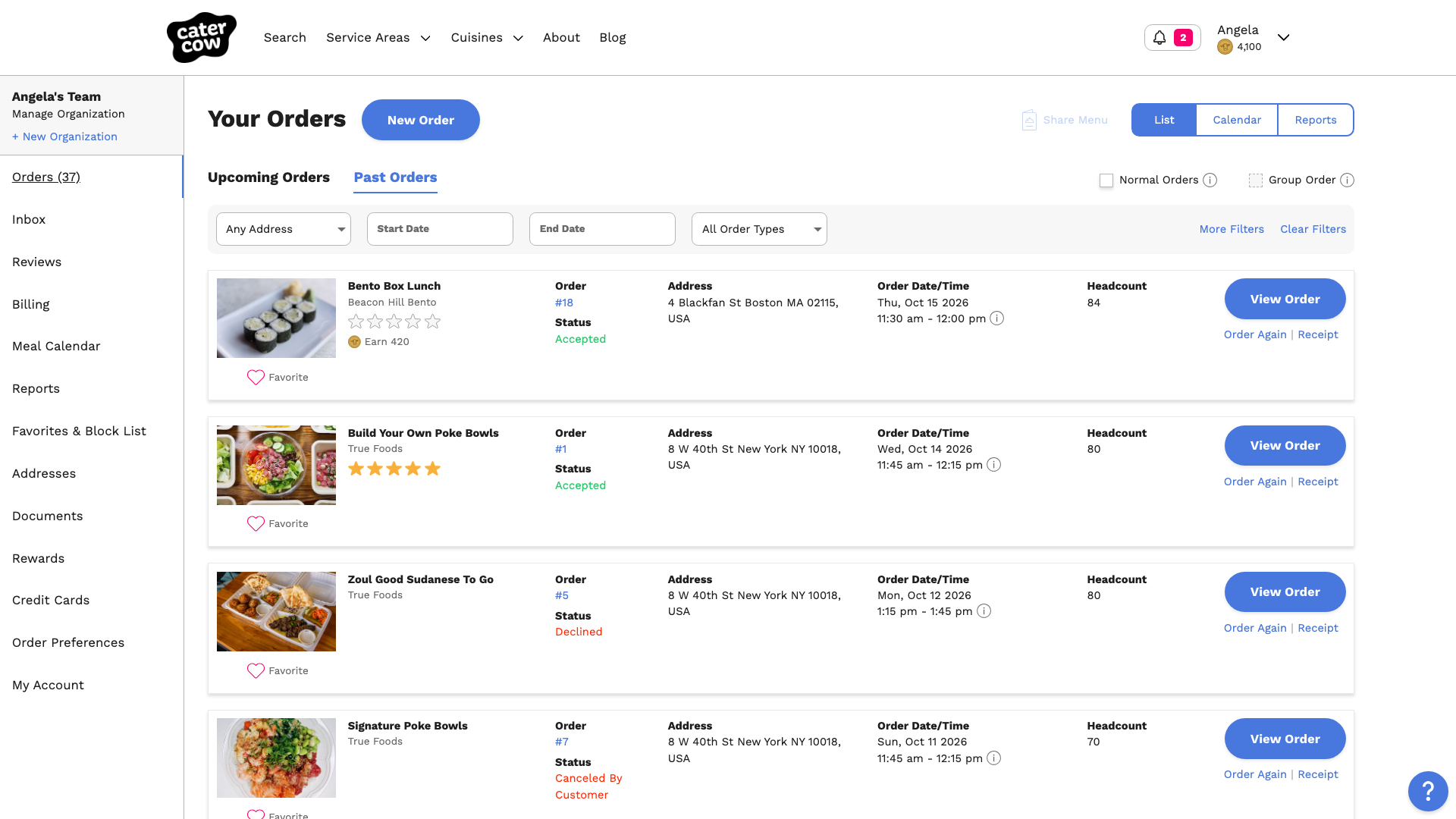 The Past Orders list, with Order Again and Receipt links under each order’s View Order button