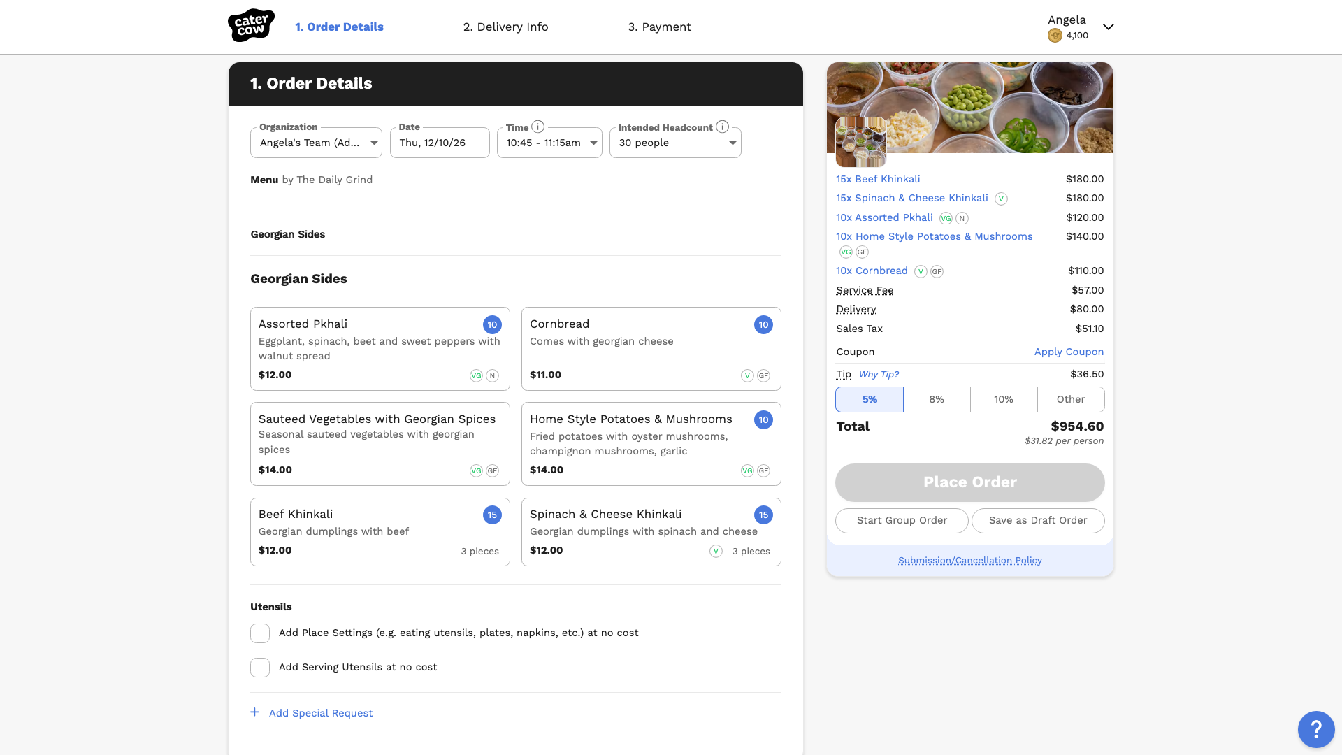 The checkout page with the date, time, headcount, and menu items filled in from the original order